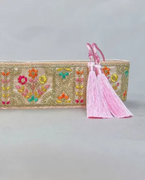 Baby pink bohemian embroidered obi belt with tassels