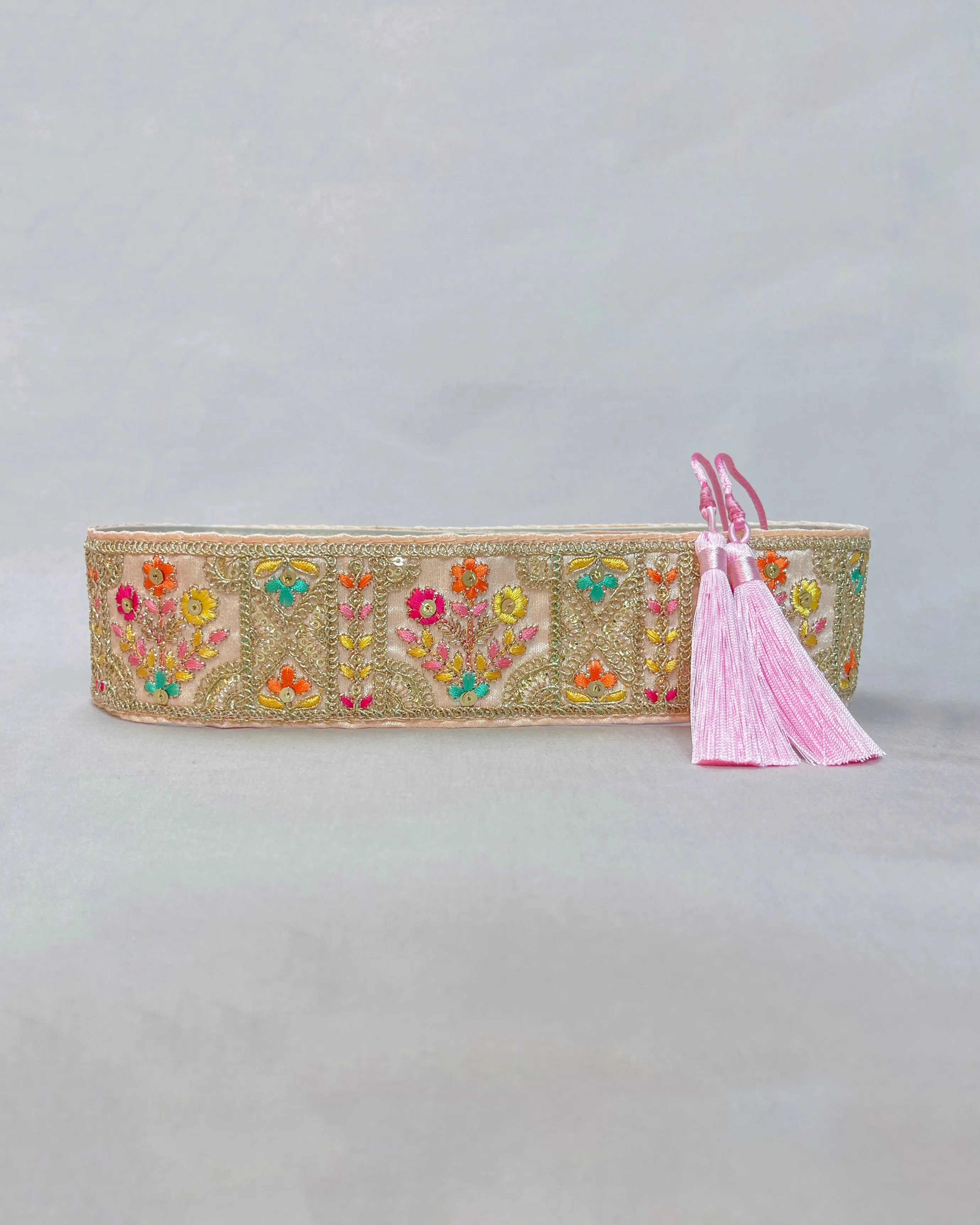 Baby pink bohemian embroidered obi belt with tassels