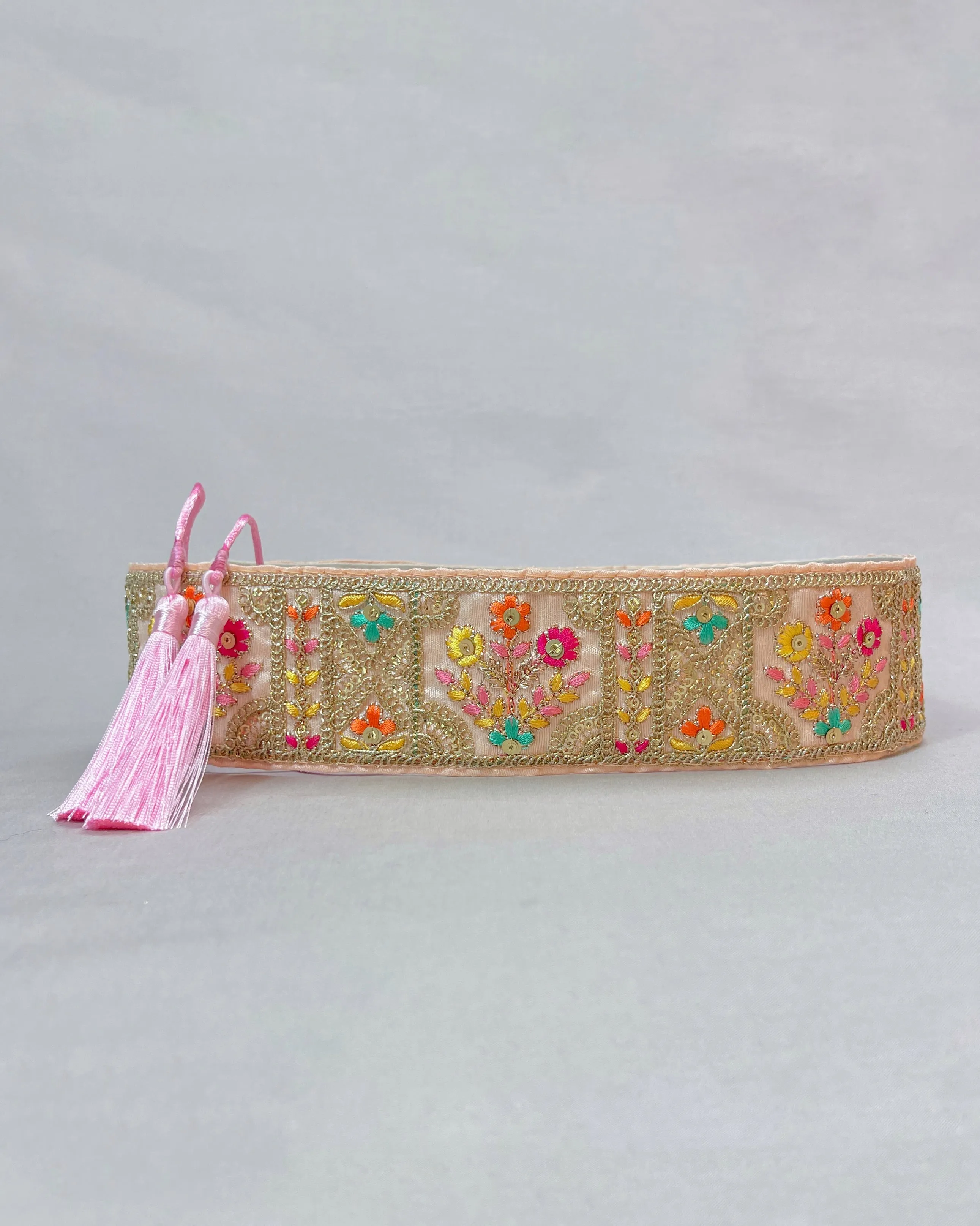 Baby pink bohemian embroidered obi belt with tassels