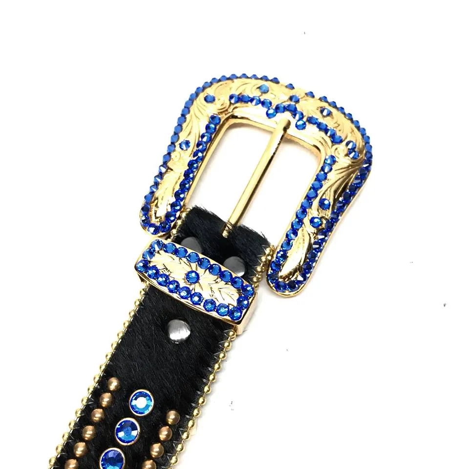 b.b. Simon Royal Blue/Gold/Black Studded Pony Hair Swarovski Crystal Belt