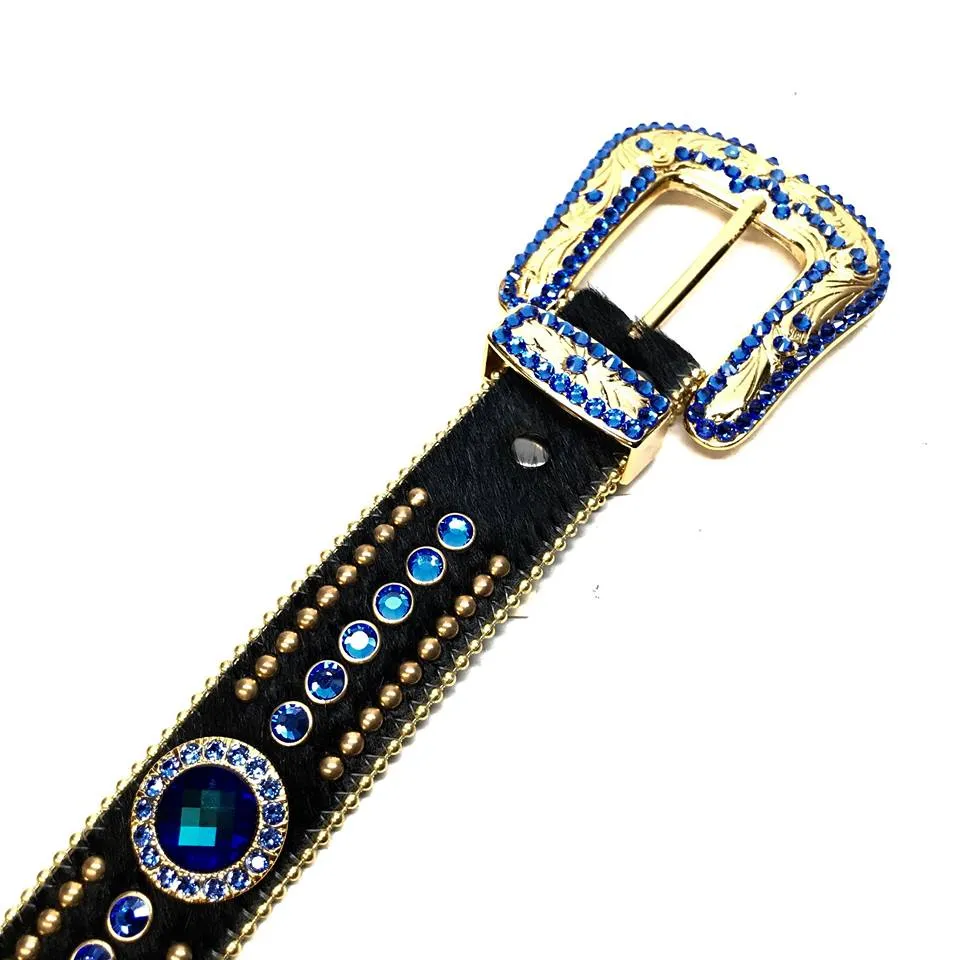 b.b. Simon Royal Blue/Gold/Black Studded Pony Hair Swarovski Crystal Belt