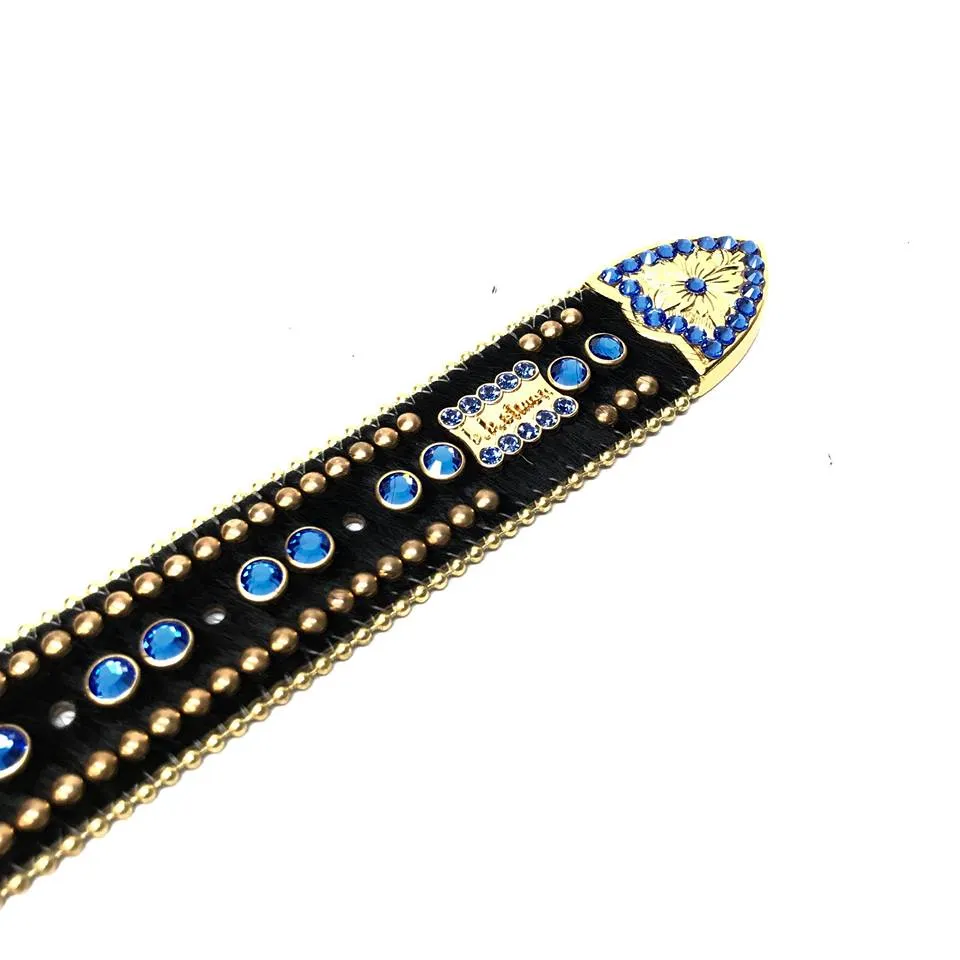 b.b. Simon Royal Blue/Gold/Black Studded Pony Hair Swarovski Crystal Belt