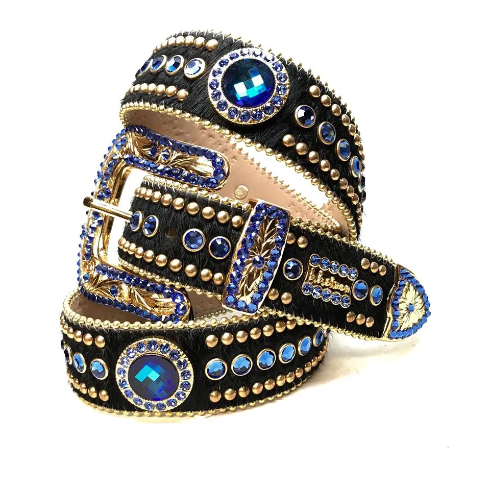 b.b. Simon Royal Blue/Gold/Black Studded Pony Hair Swarovski Crystal Belt