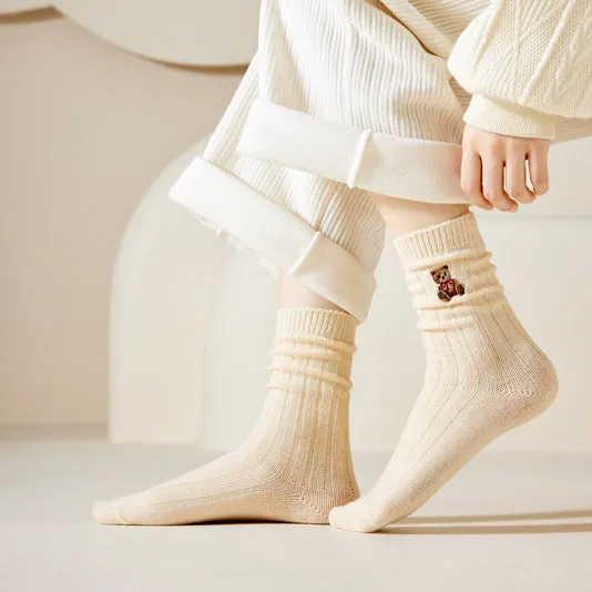 Cartoon Bear Embroidery Solid Color Thick Wool Socks