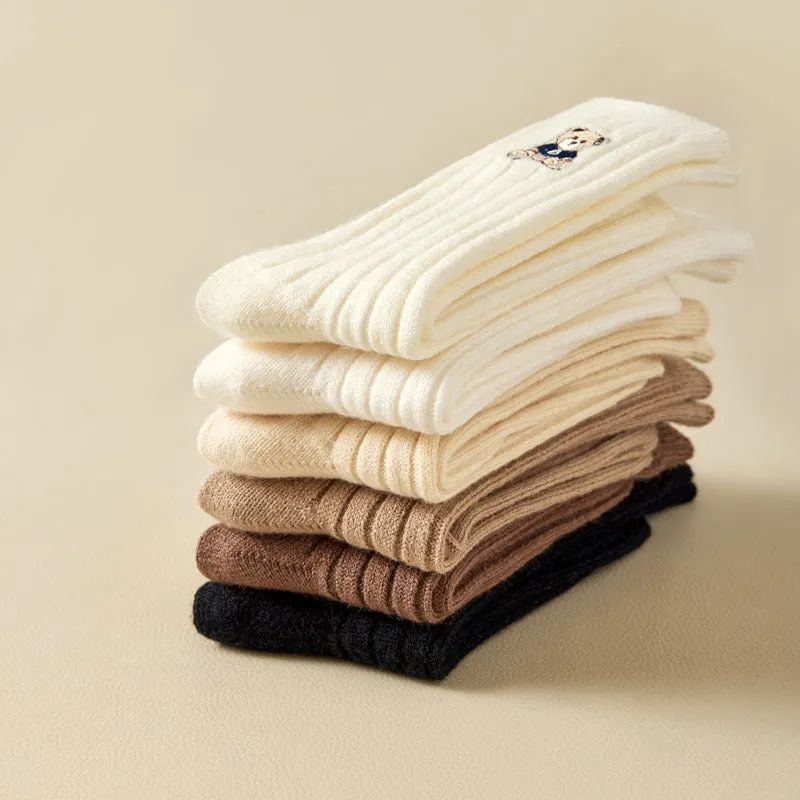 Cartoon Bear Embroidery Solid Color Thick Wool Socks
