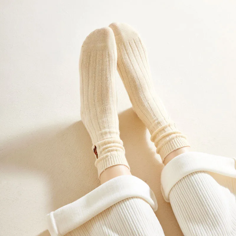 Cartoon Bear Embroidery Solid Color Thick Wool Socks