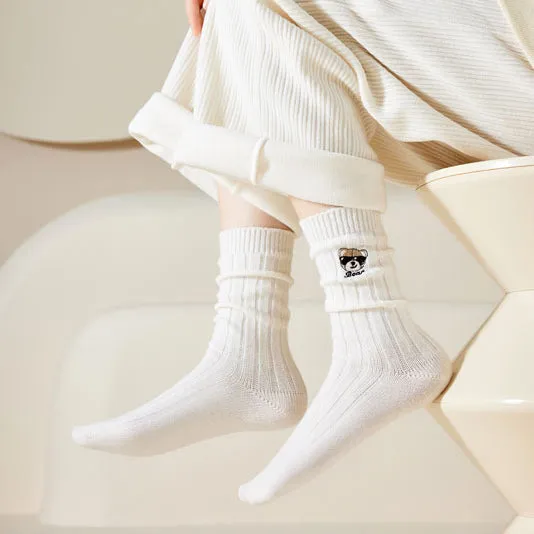 Cartoon Bear Embroidery Solid Color Thick Wool Socks