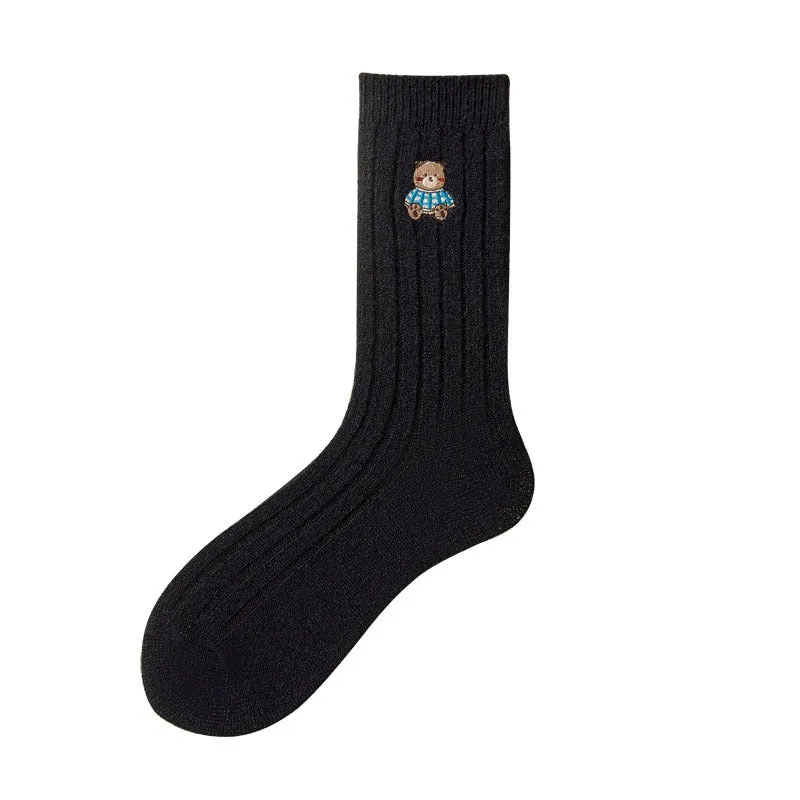 Cartoon Bear Embroidery Solid Color Thick Wool Socks