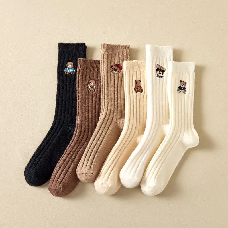 Cartoon Bear Embroidery Solid Color Thick Wool Socks