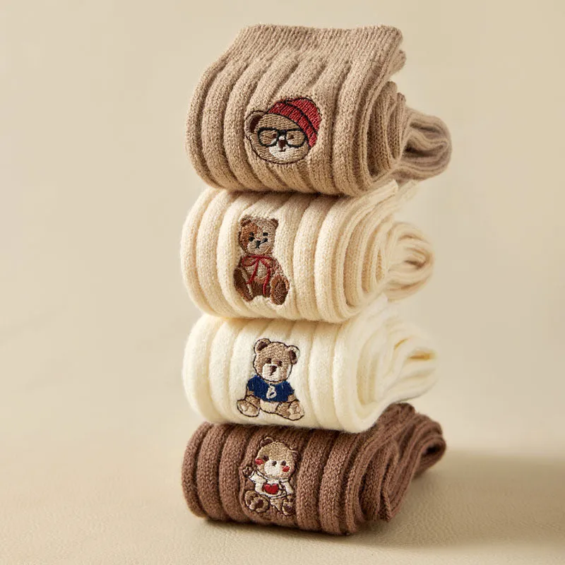 Cartoon Bear Embroidery Solid Color Thick Wool Socks