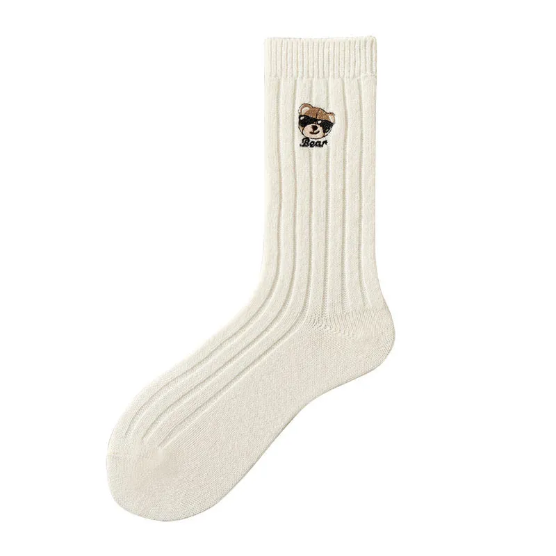 Cartoon Bear Embroidery Solid Color Thick Wool Socks