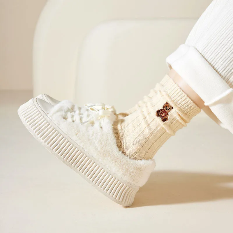 Cartoon Bear Embroidery Solid Color Thick Wool Socks