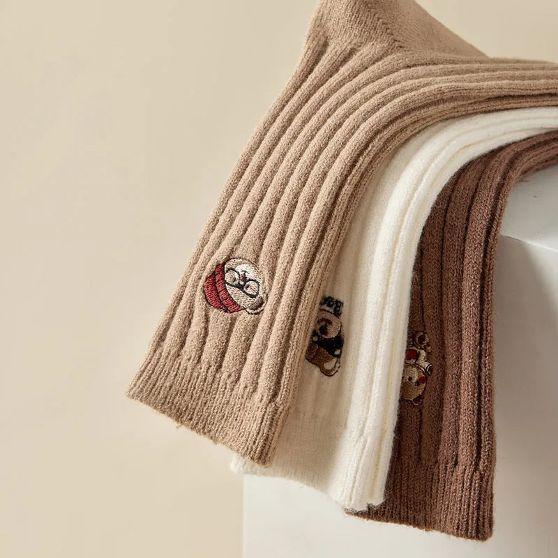 Cartoon Bear Embroidery Solid Color Thick Wool Socks
