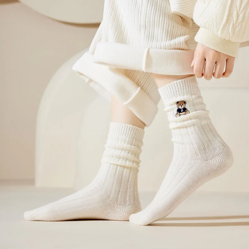 Cartoon Bear Embroidery Solid Color Thick Wool Socks