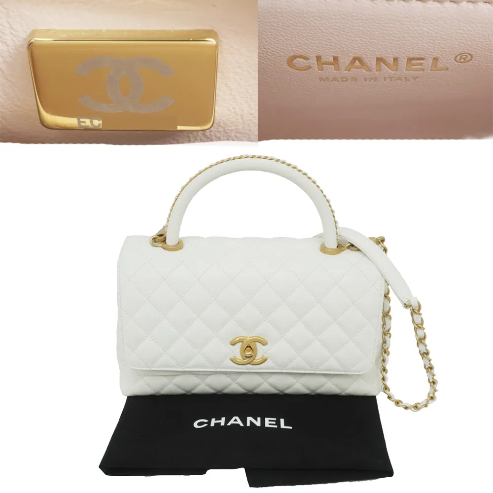 CHANEL Coco Handle 29 Matrasse Caviar S Handbag White White 2WAY Shoulder G Gold
