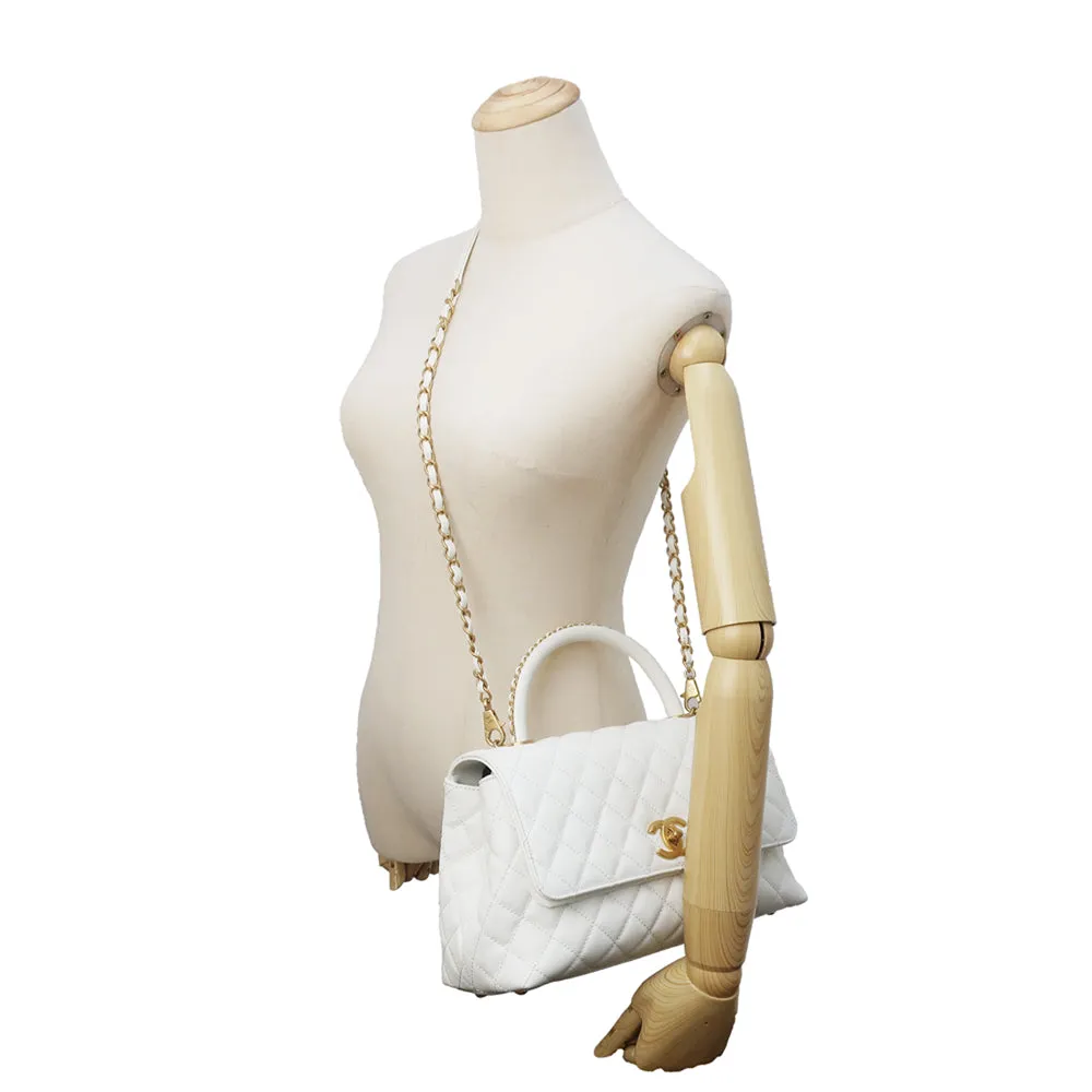CHANEL Coco Handle 29 Matrasse Caviar S Handbag White White 2WAY Shoulder G Gold