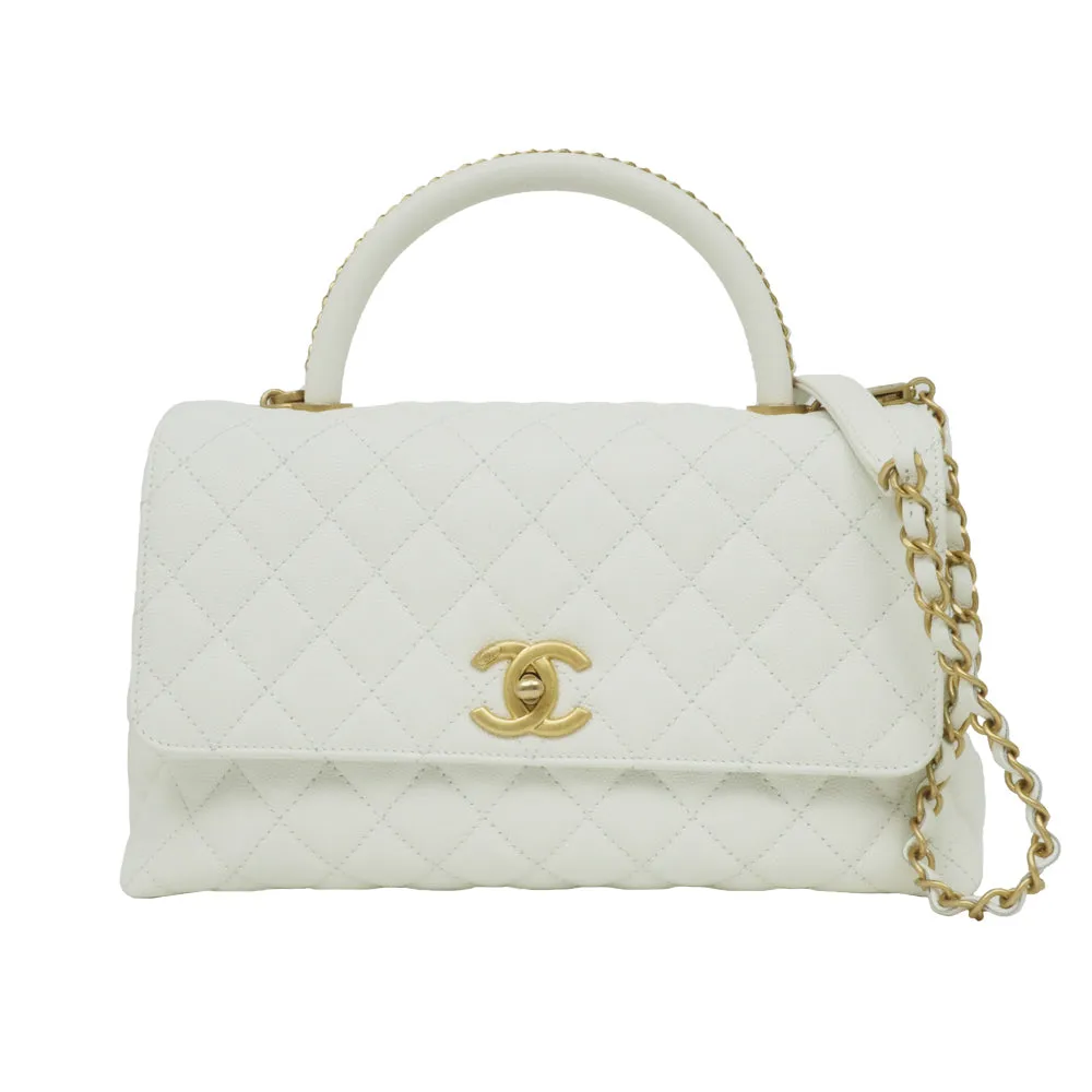 CHANEL Coco Handle 29 Matrasse Caviar S Handbag White White 2WAY Shoulder G Gold