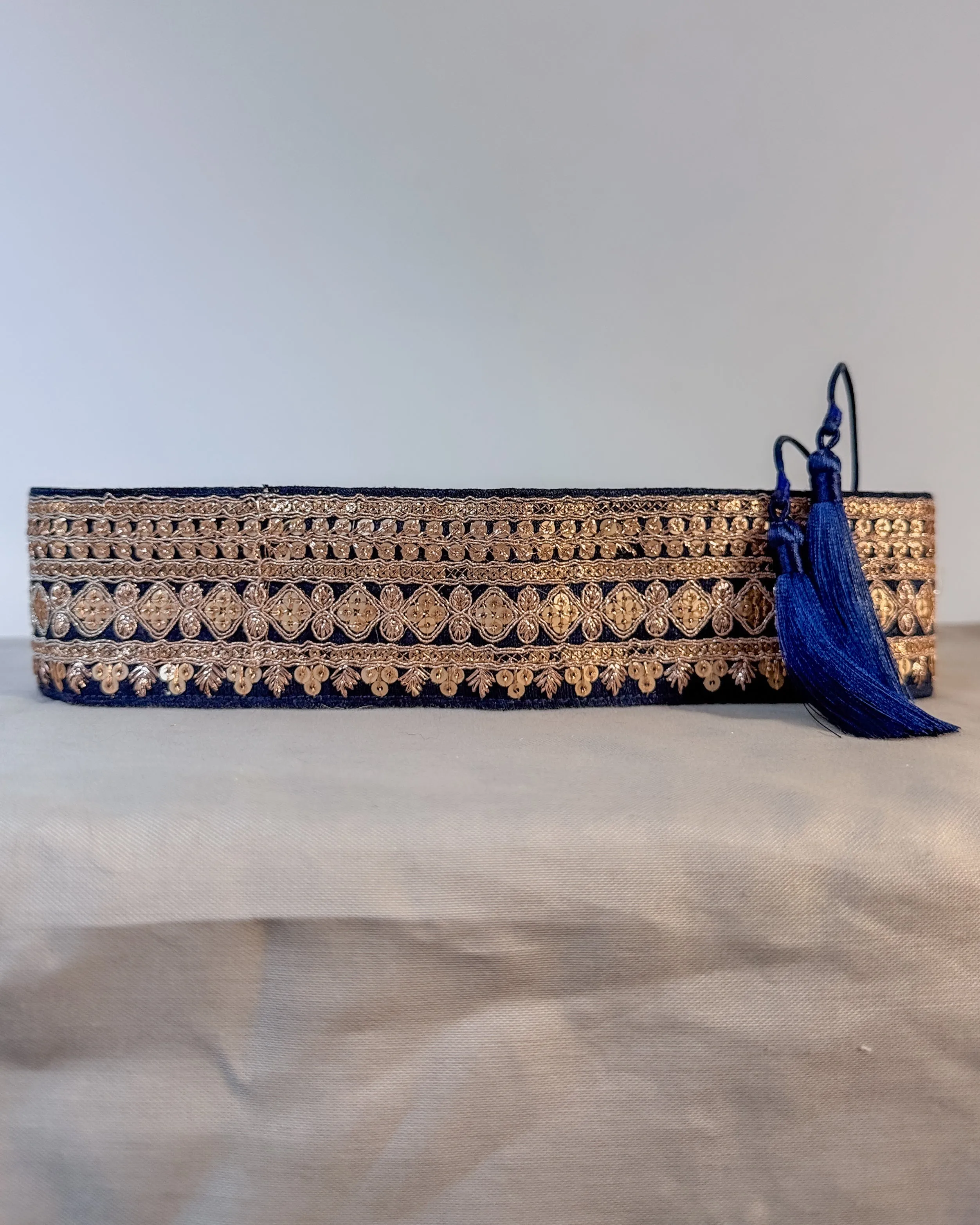 Dark blue bohemian embroidered obi belt with tassels