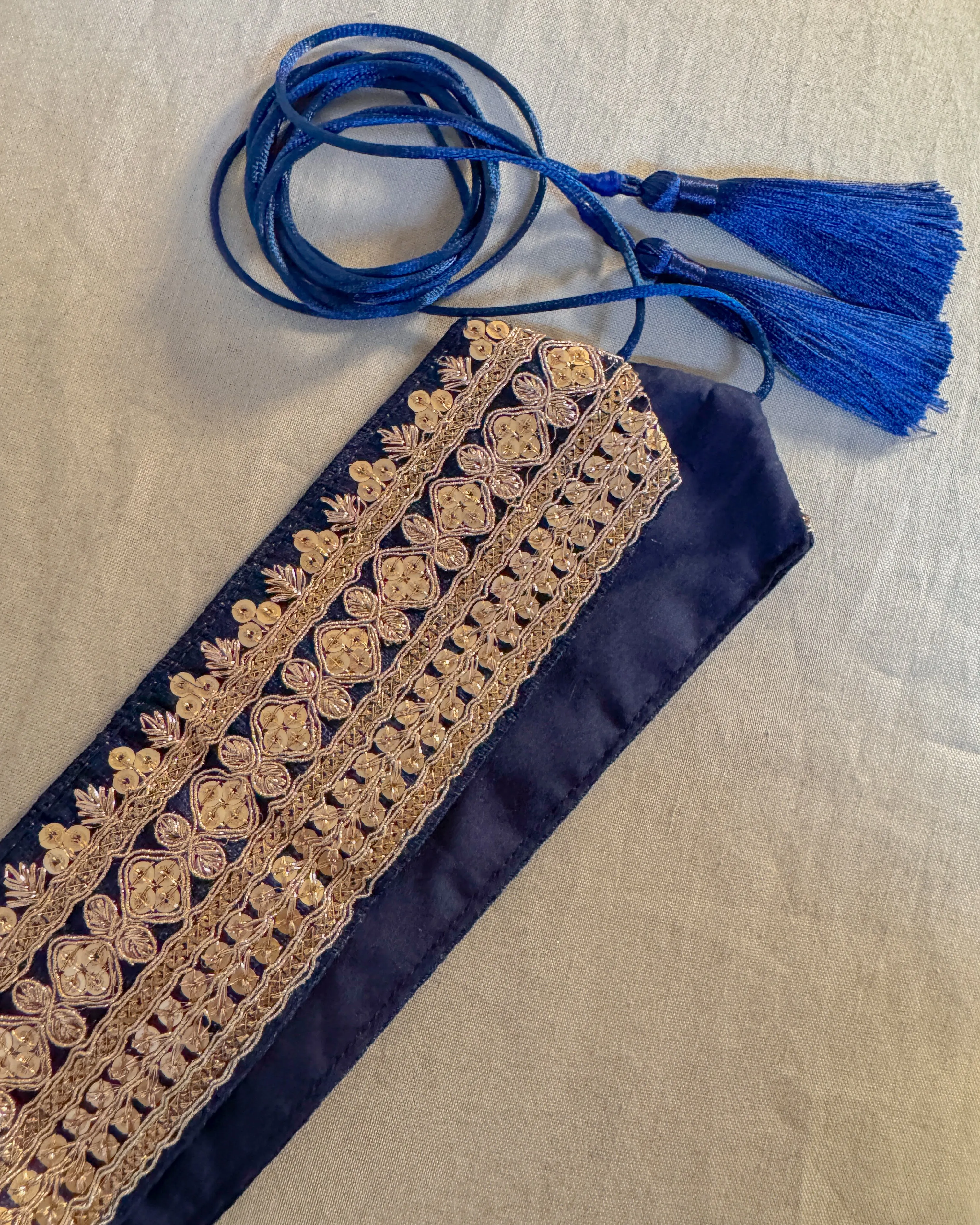 Dark blue bohemian embroidered obi belt with tassels