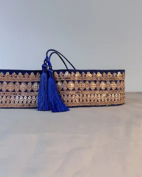 Dark blue bohemian embroidered obi belt with tassels