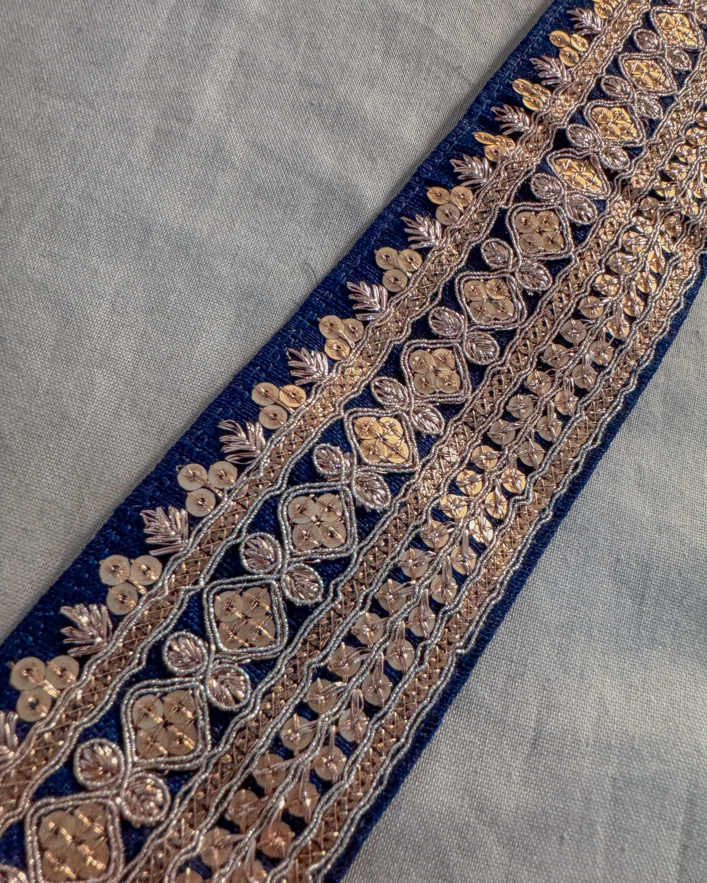 Dark blue bohemian embroidered obi belt with tassels