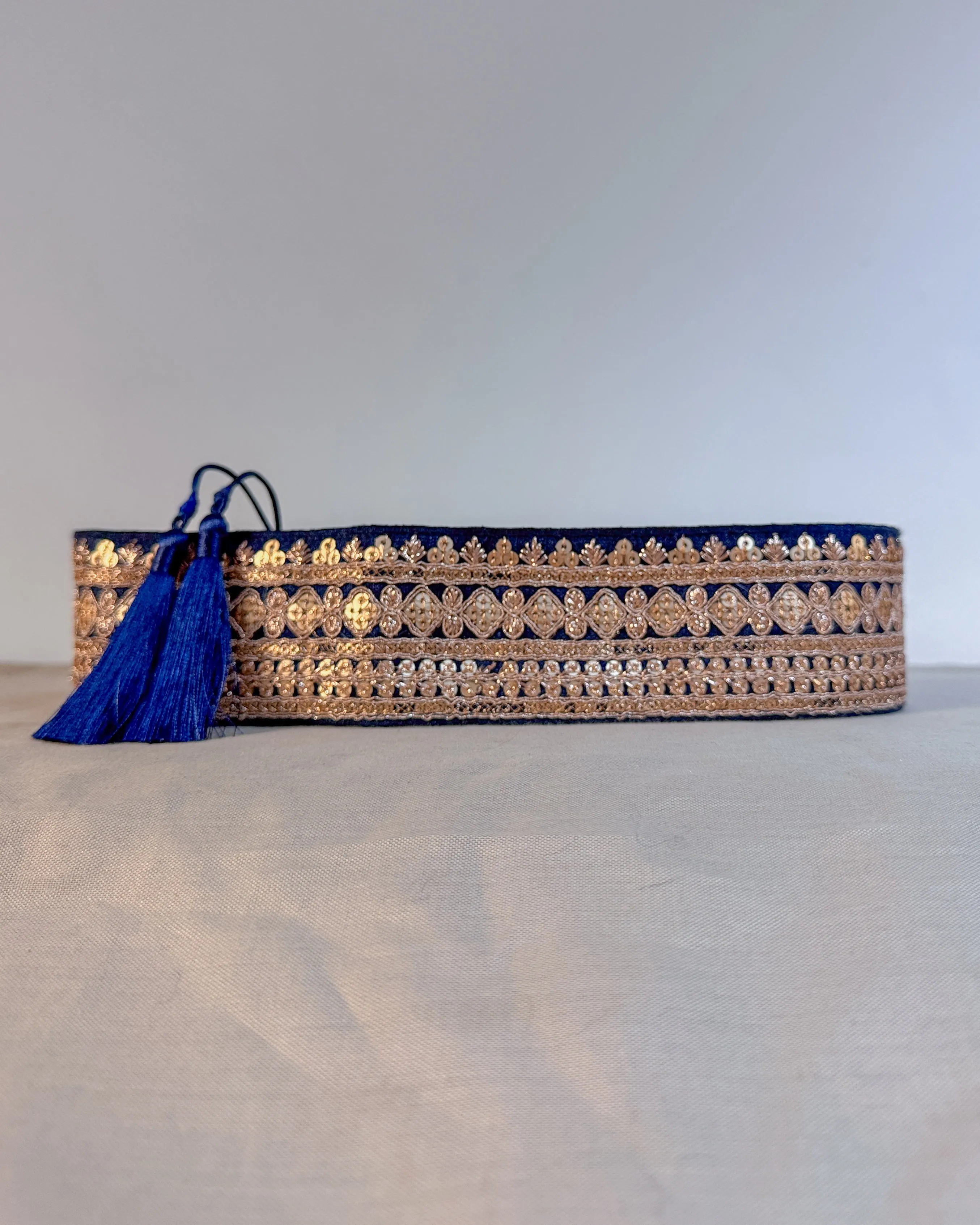 Dark blue bohemian embroidered obi belt with tassels