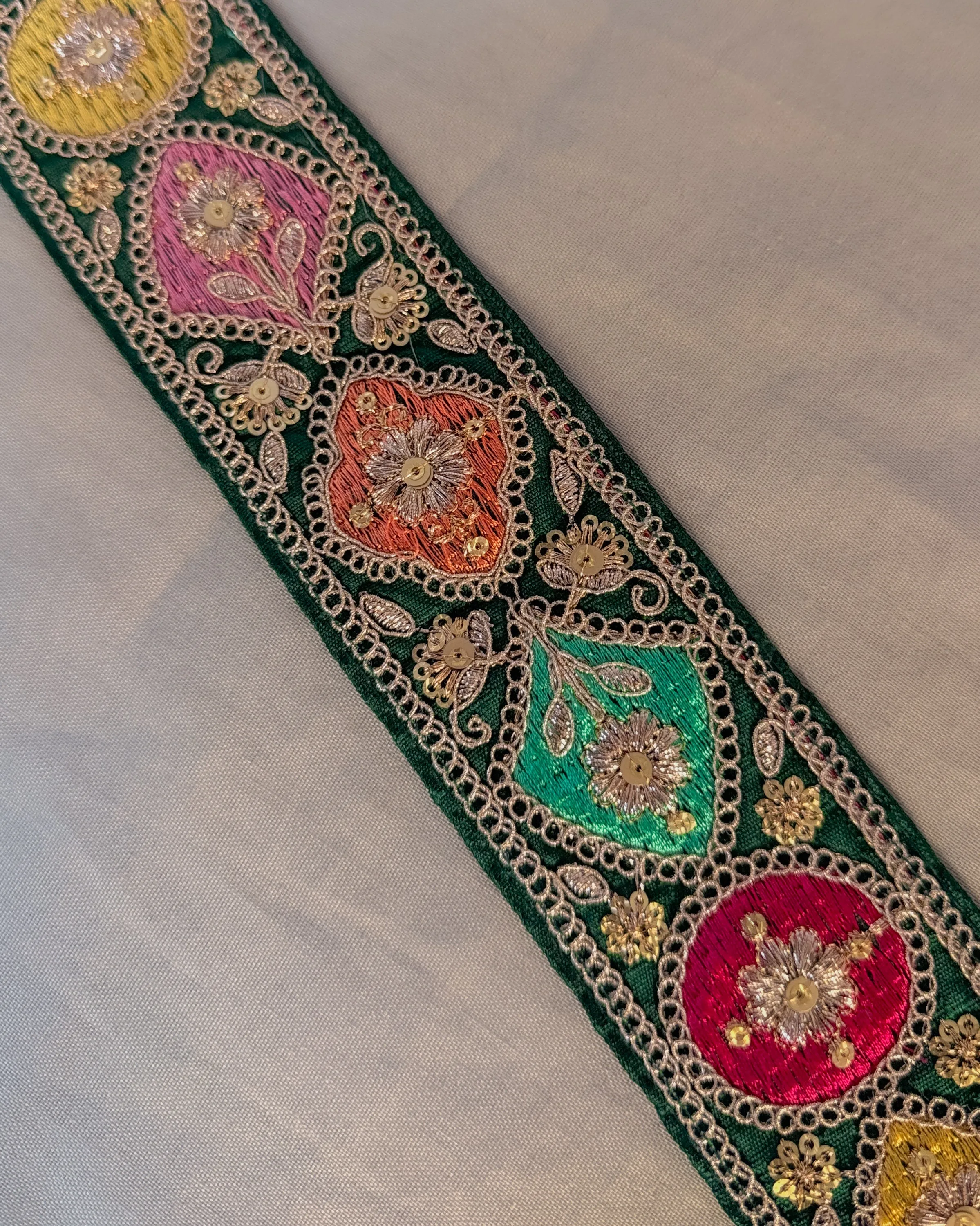 Dark green bohemian embroidered obi belt with tassels