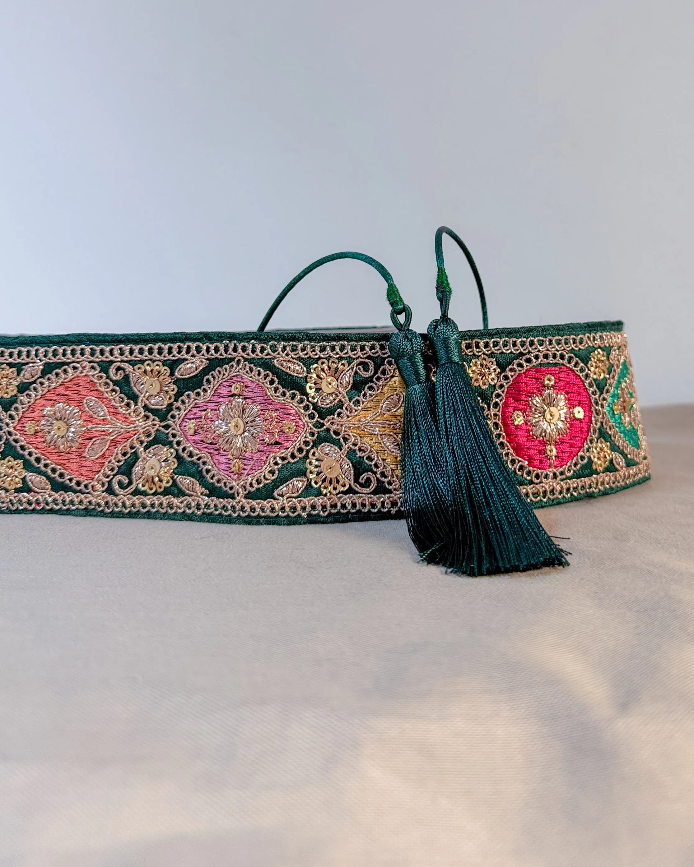 Dark green bohemian embroidered obi belt with tassels