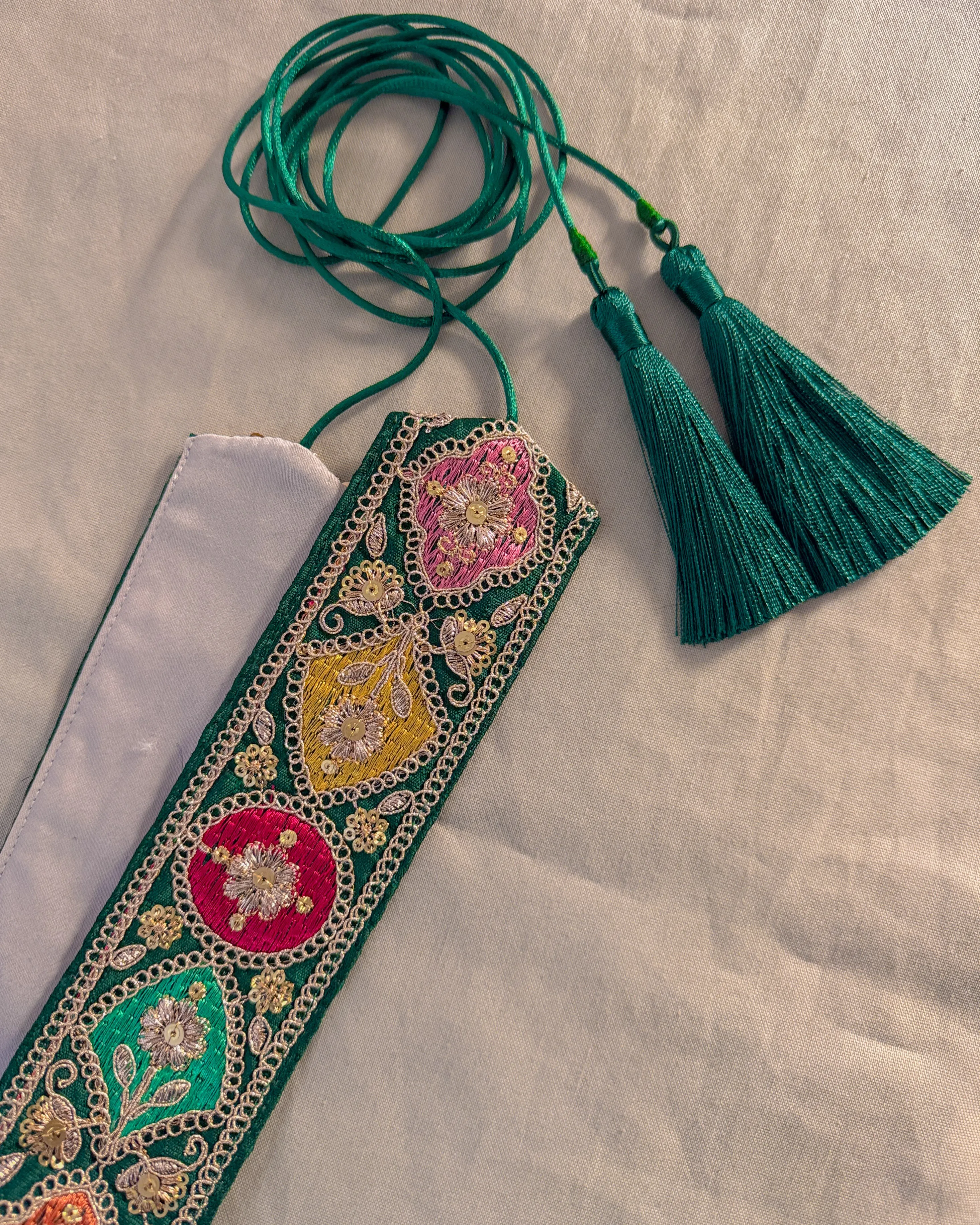 Dark green bohemian embroidered obi belt with tassels