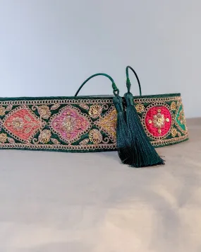Dark green bohemian embroidered obi belt with tassels