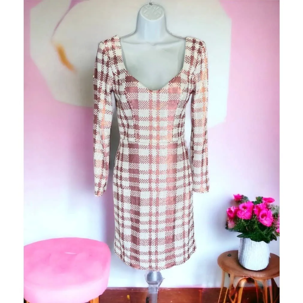 Dress The Population Barbiecore Pink White Plaid Sequin Mini Dress Size S New