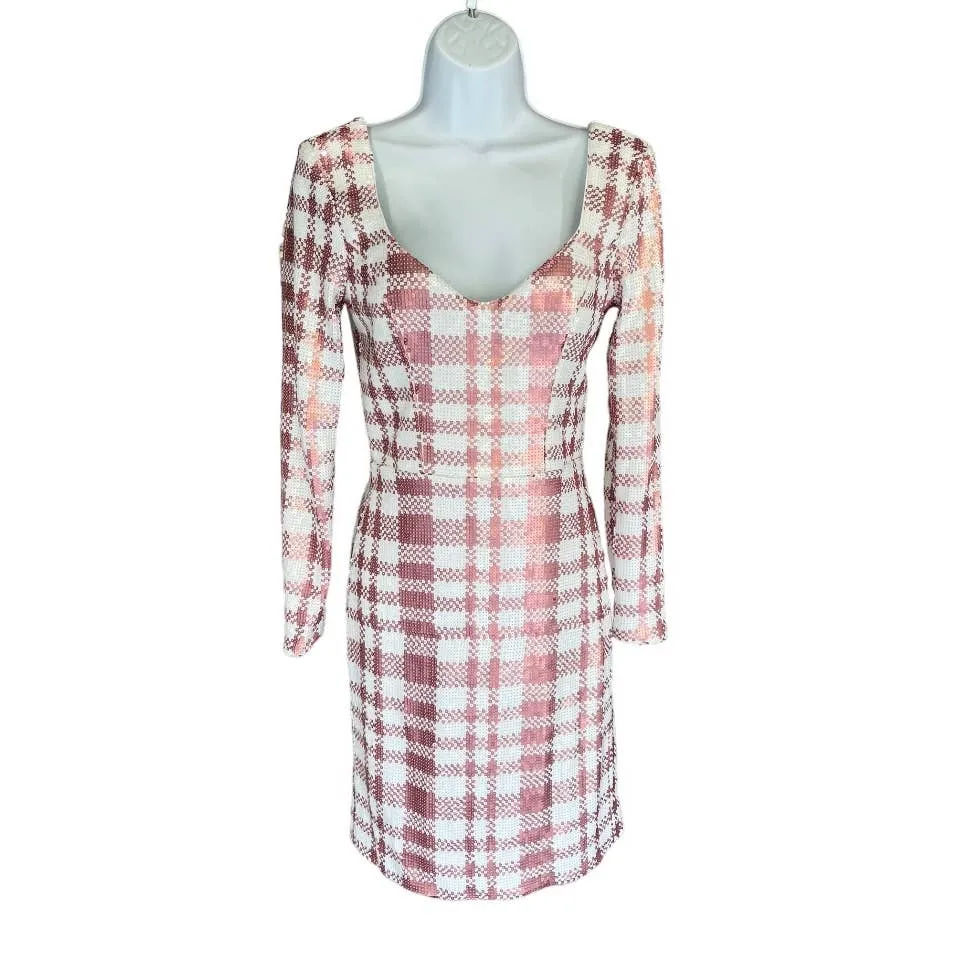 Dress The Population Barbiecore Pink White Plaid Sequin Mini Dress Size S New