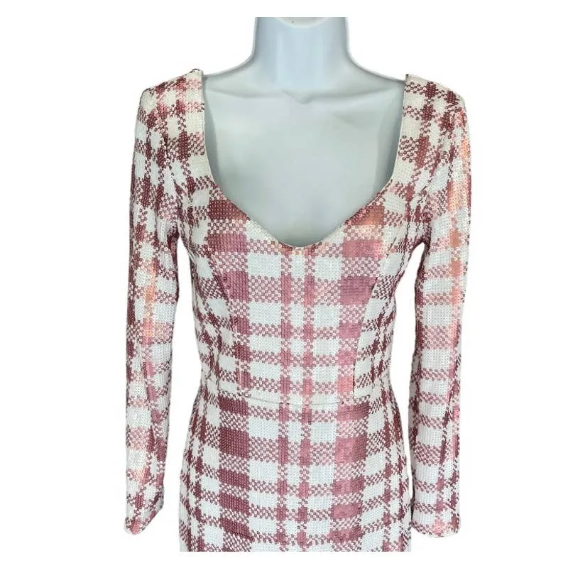 Dress The Population Barbiecore Pink White Plaid Sequin Mini Dress Size S New