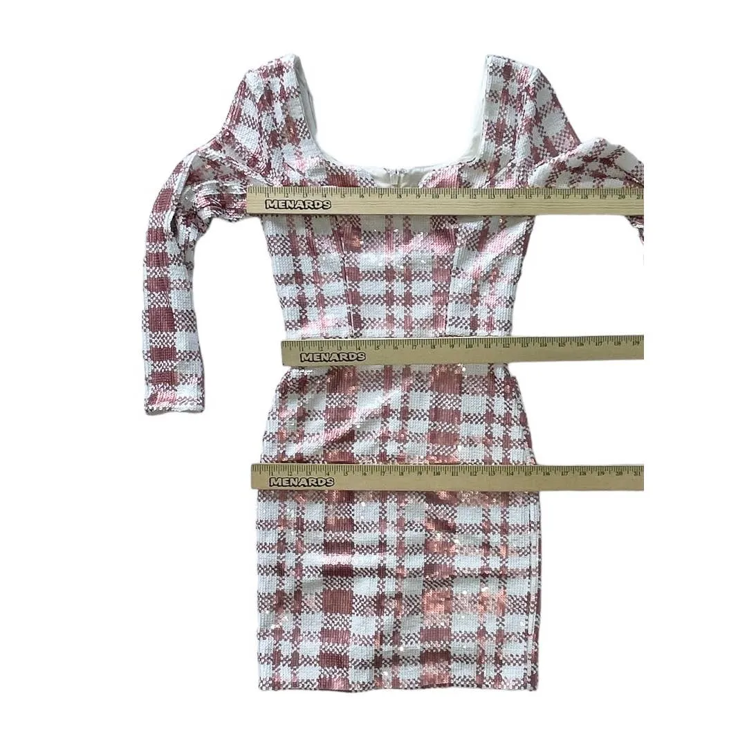 Dress The Population Barbiecore Pink White Plaid Sequin Mini Dress Size S New