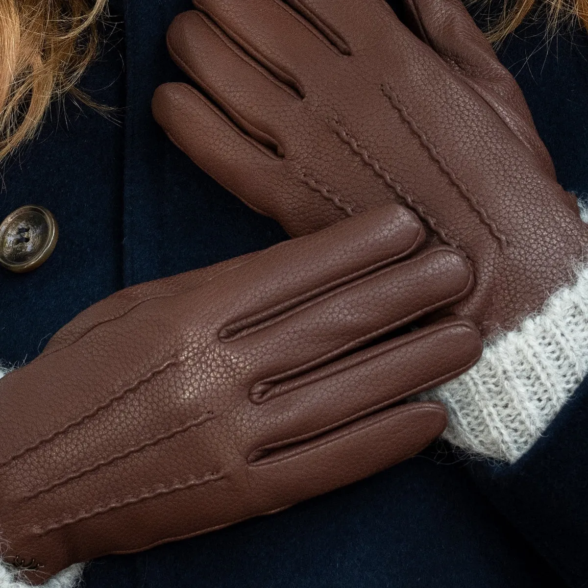 Emily (brown) – deerskin (American deerskin) leather gloves with warm wool lining