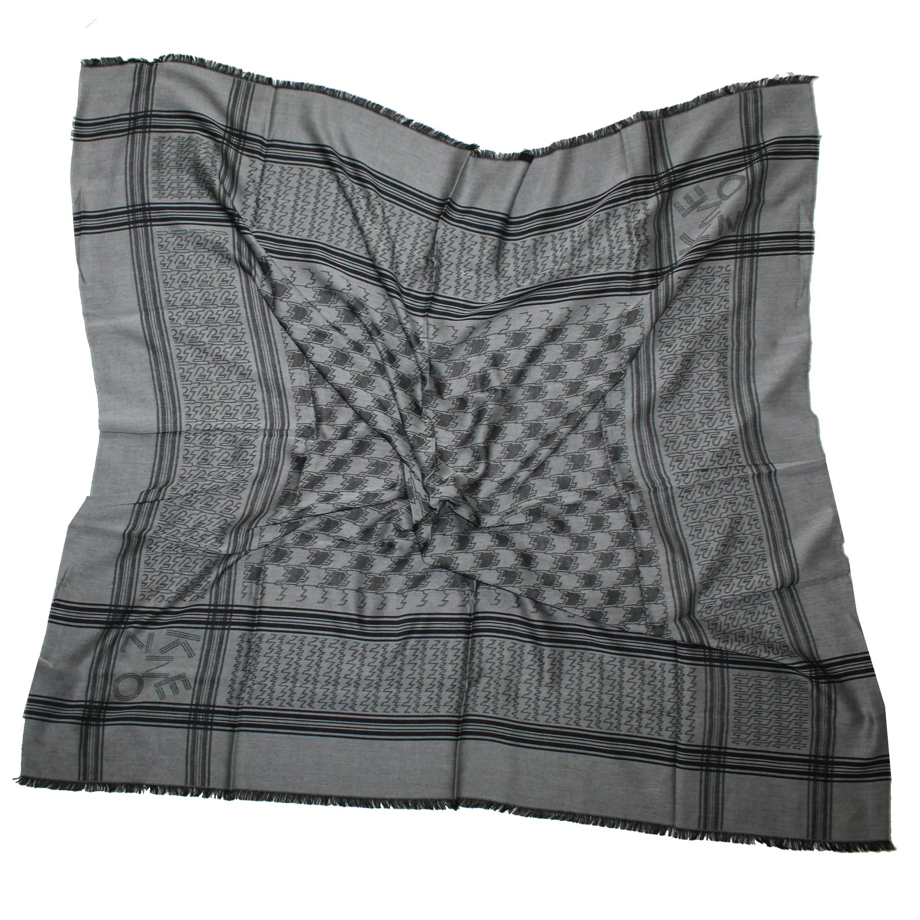 Kenzo Scarf Black Gray Houndstooth Stripes Logo Design - Large Cotton Wrap SALE