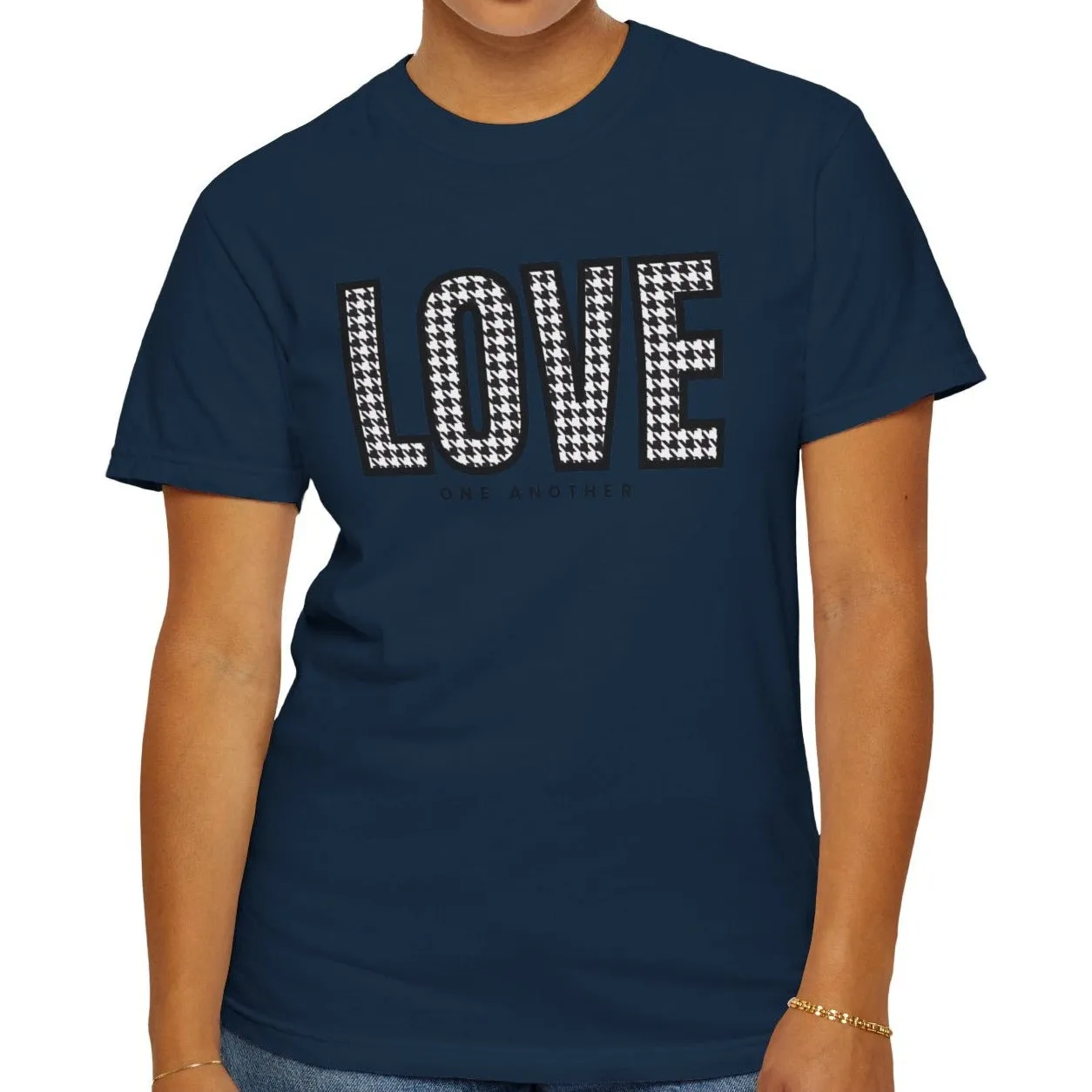 Love One Another Houndstooth Women's Comfort Colors Tee: Cozy Style with Inspirational Charm