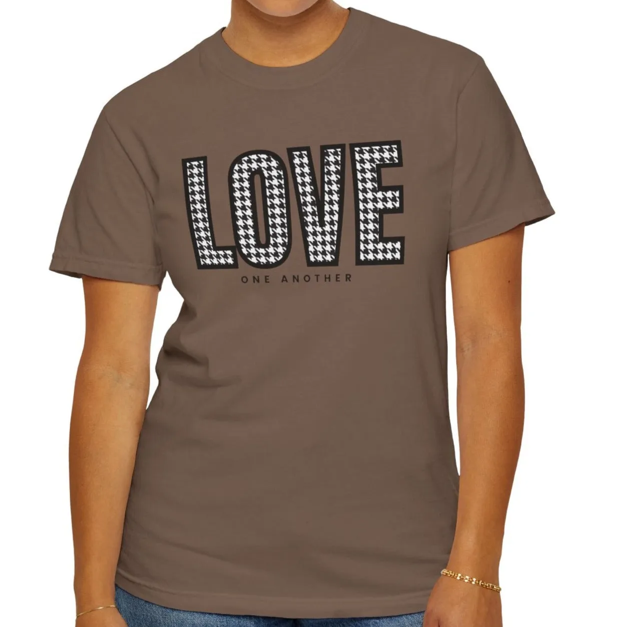Love One Another Houndstooth Women's Comfort Colors Tee: Cozy Style with Inspirational Charm