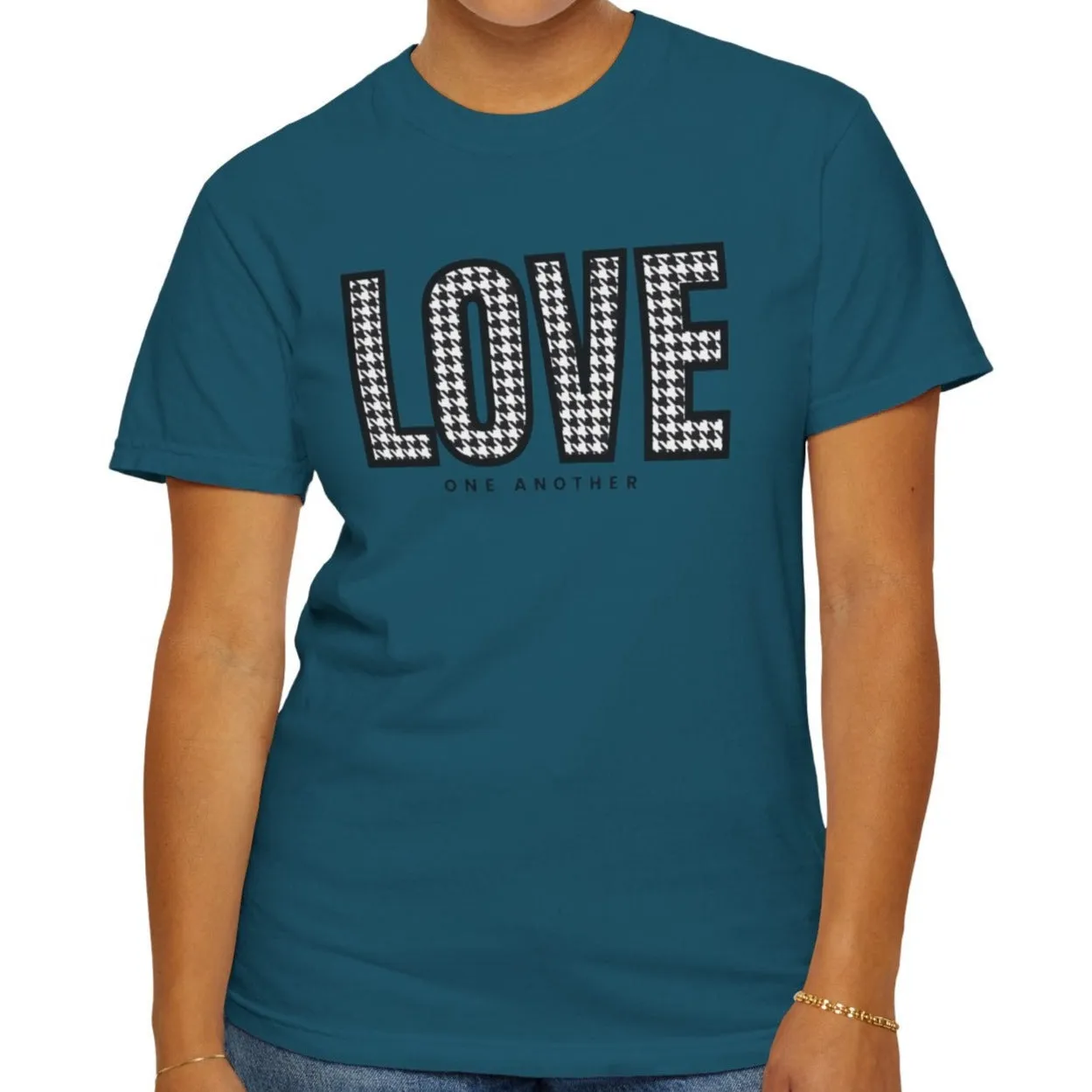 Love One Another Houndstooth Women's Comfort Colors Tee: Cozy Style with Inspirational Charm