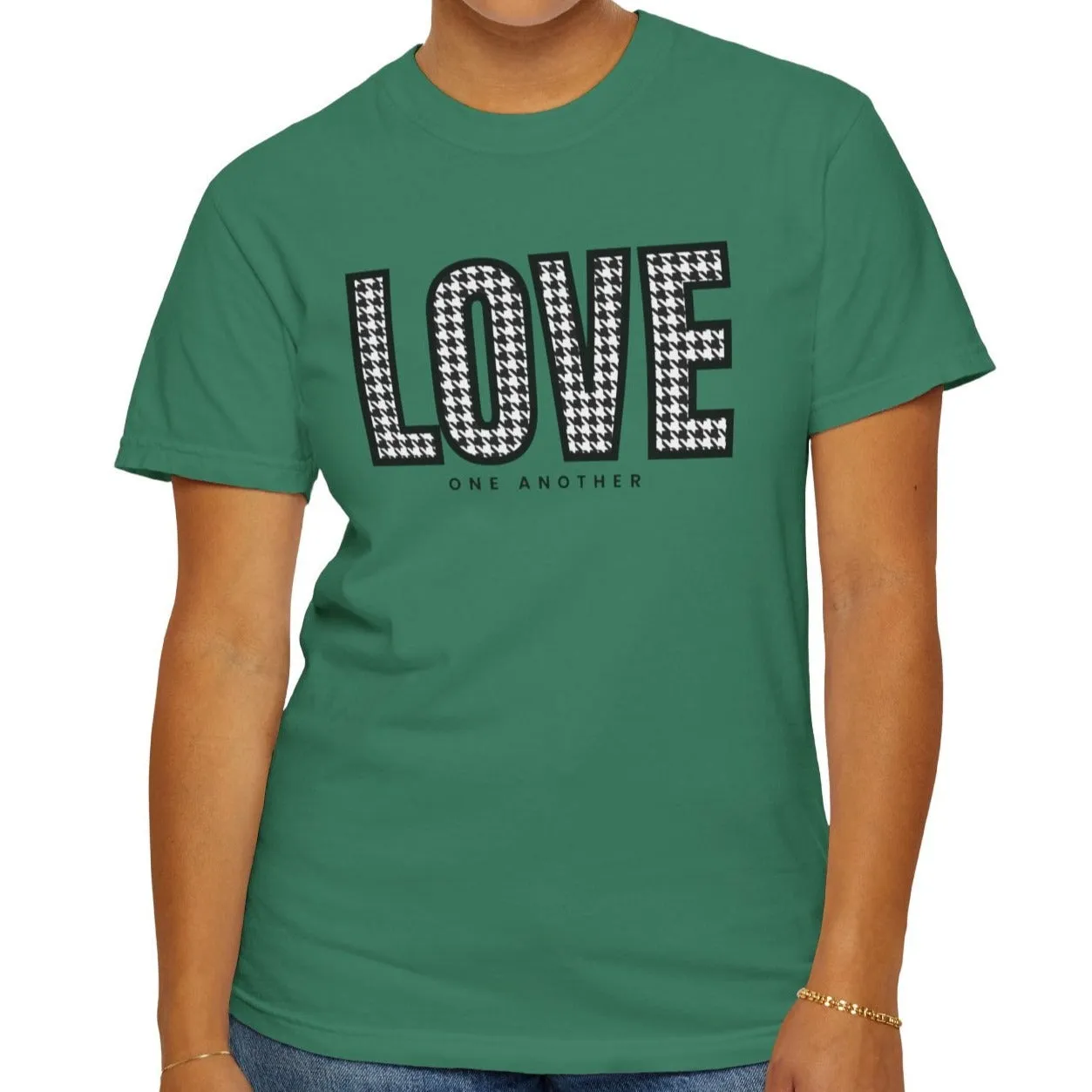 Love One Another Houndstooth Women's Comfort Colors Tee: Cozy Style with Inspirational Charm