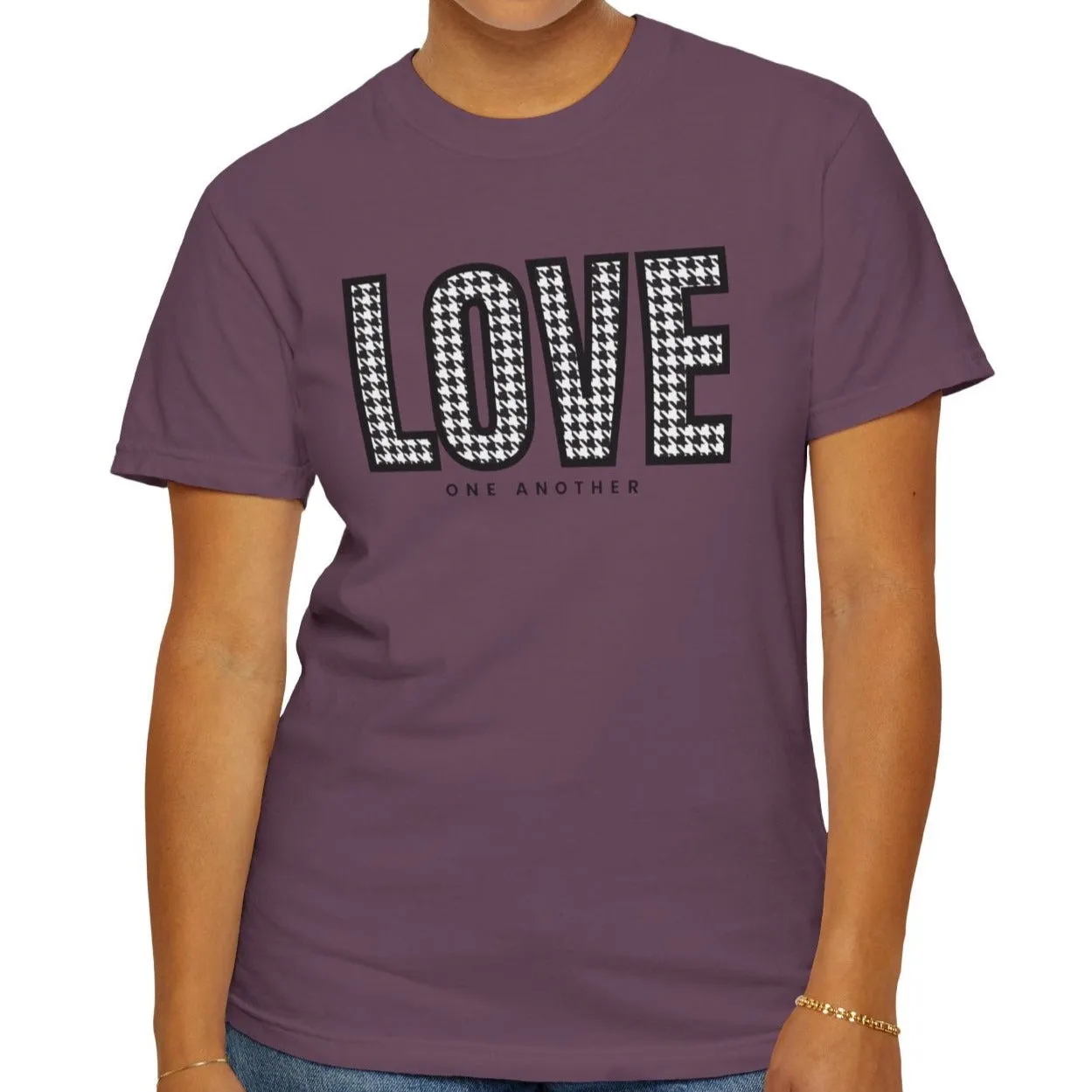 Love One Another Houndstooth Women's Comfort Colors Tee: Cozy Style with Inspirational Charm