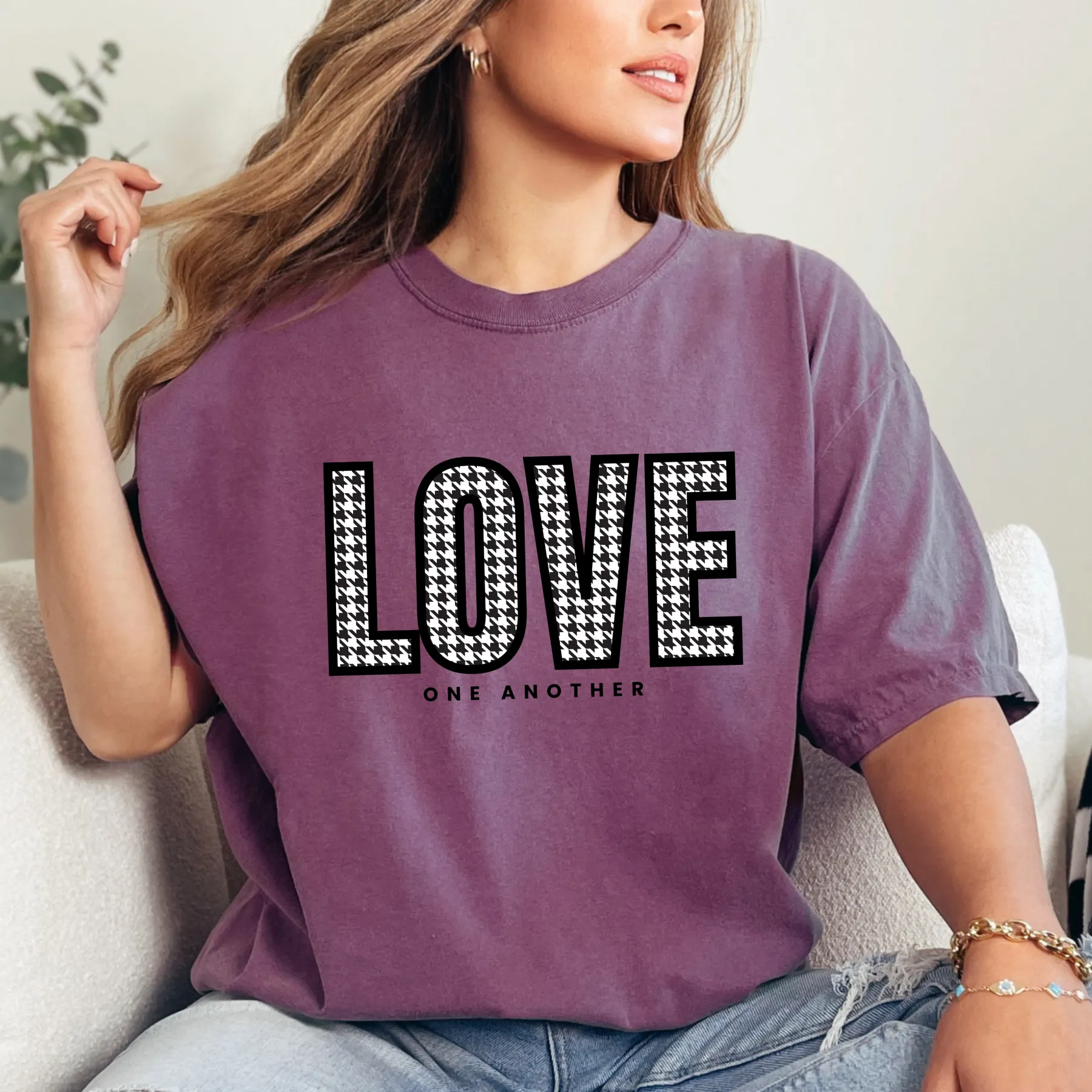 Love One Another Houndstooth Women's Comfort Colors Tee: Cozy Style with Inspirational Charm