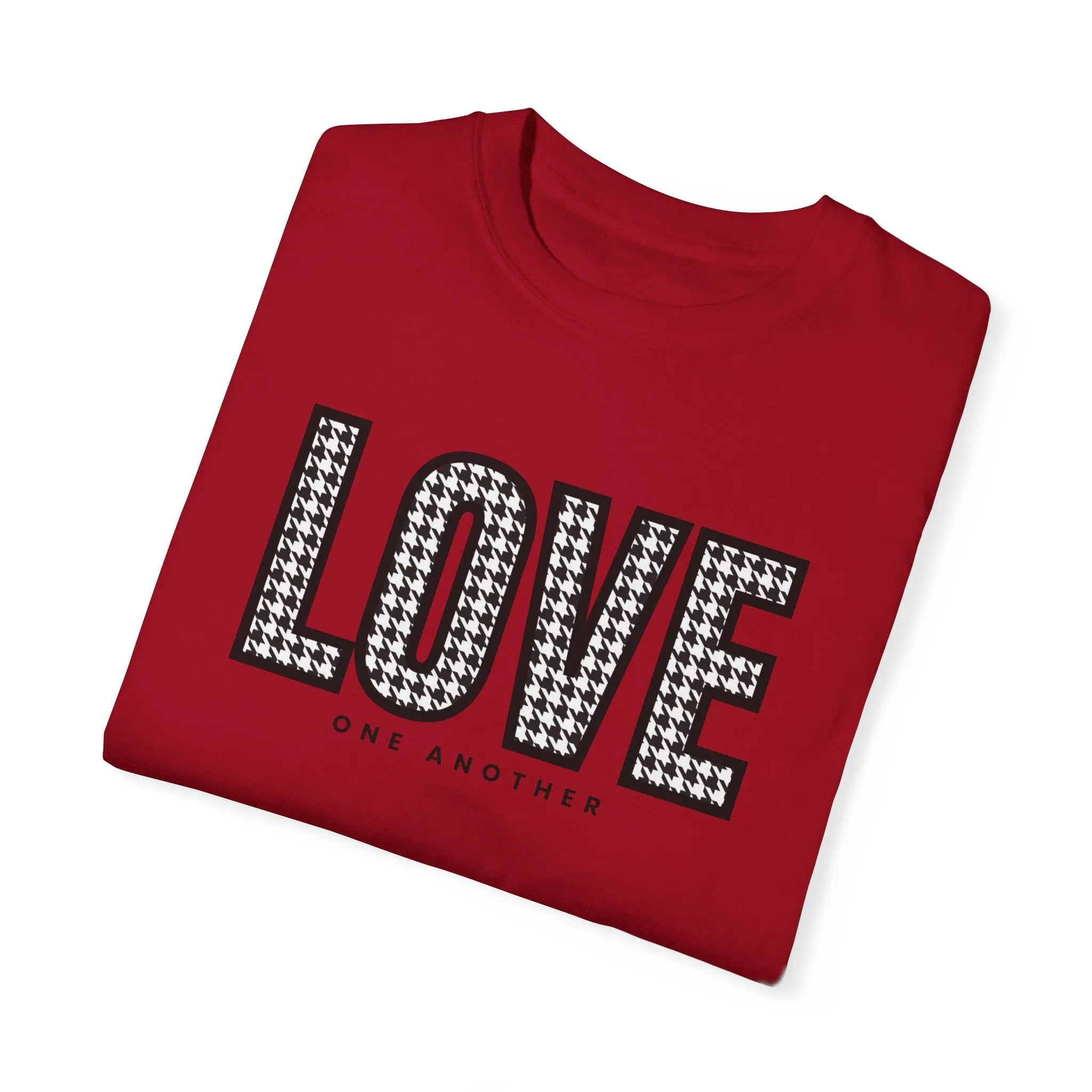 Love One Another Houndstooth Women's Comfort Colors Tee: Cozy Style with Inspirational Charm