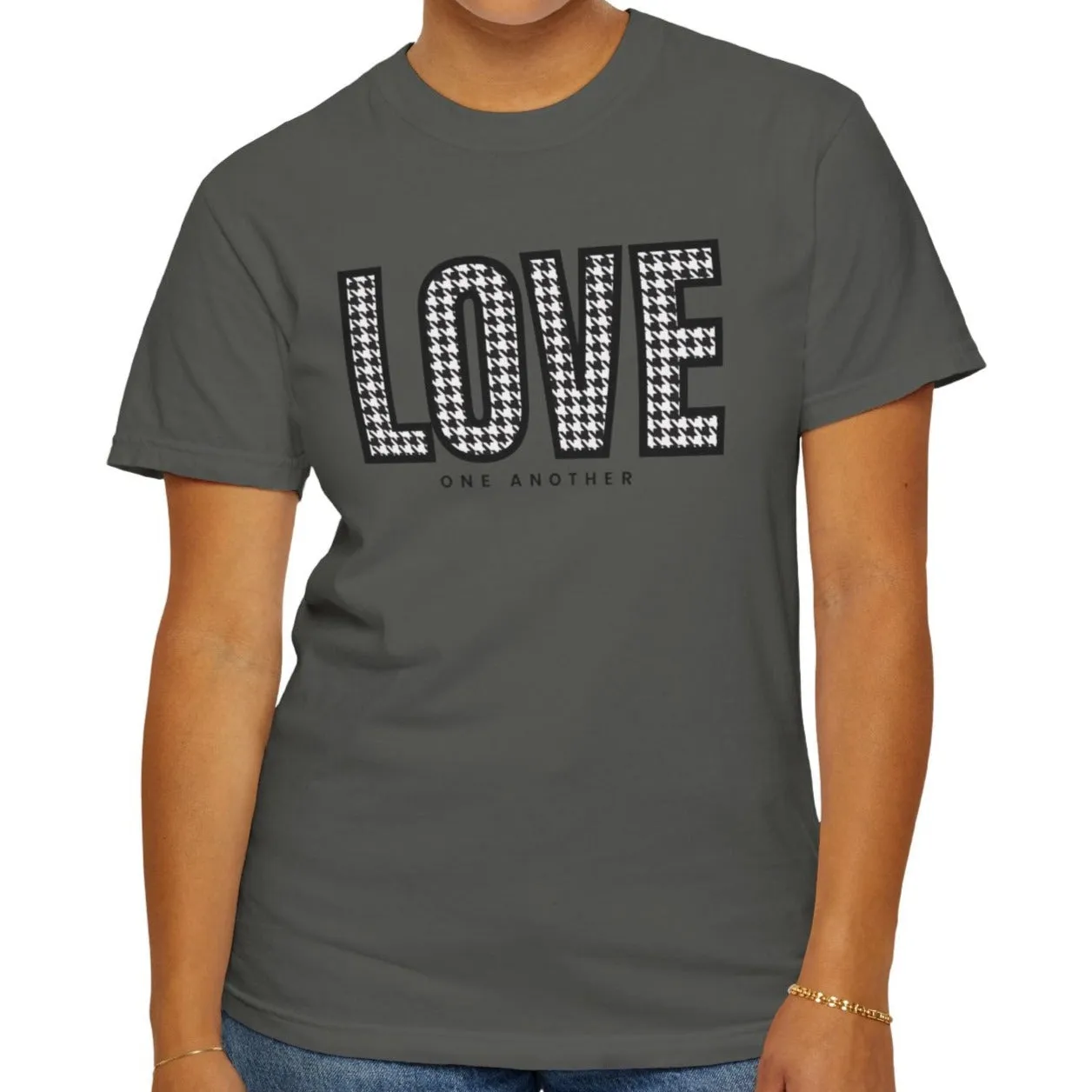 Love One Another Houndstooth Women's Comfort Colors Tee: Cozy Style with Inspirational Charm