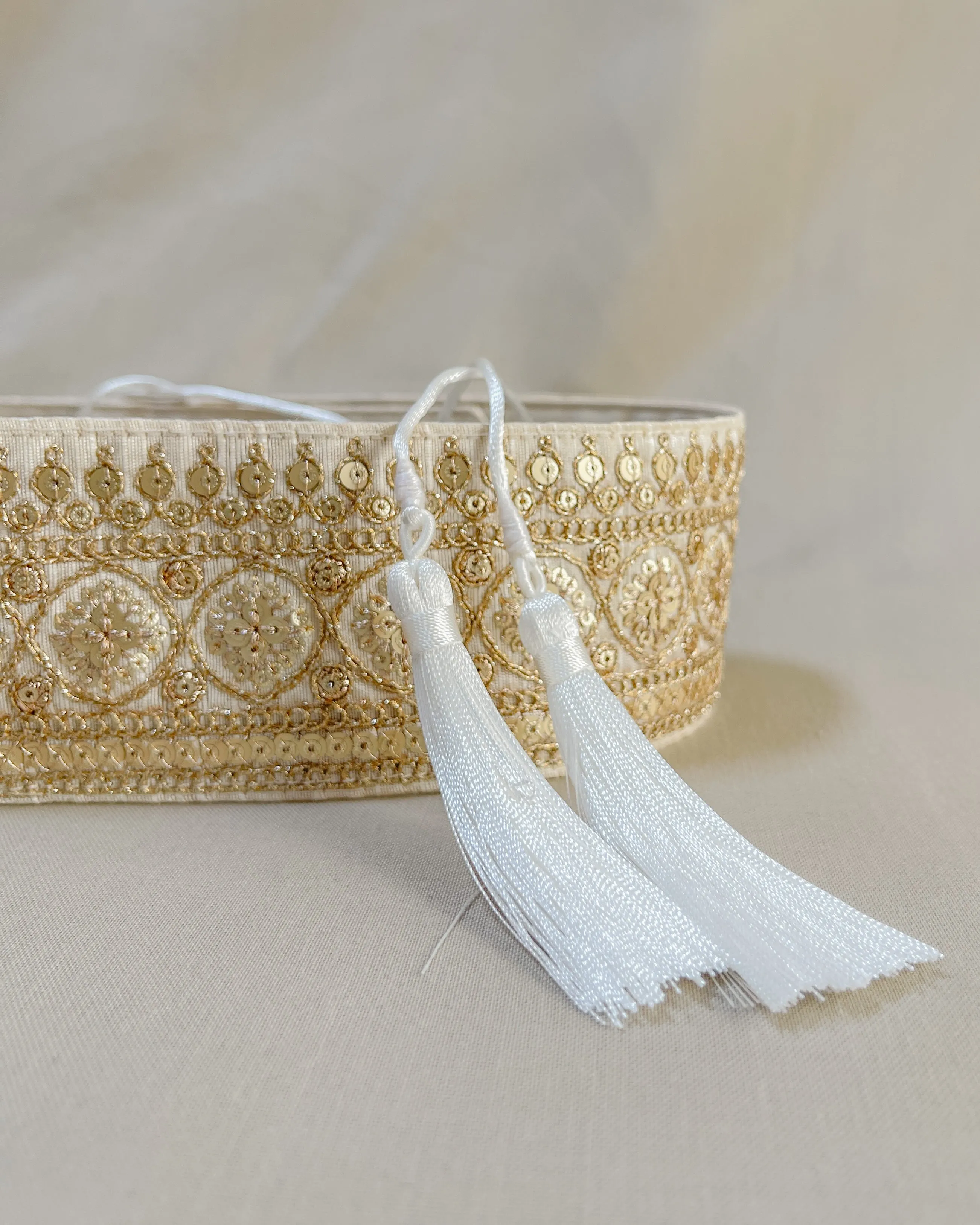Off-white bohemian embroidered obi belt with tassels
