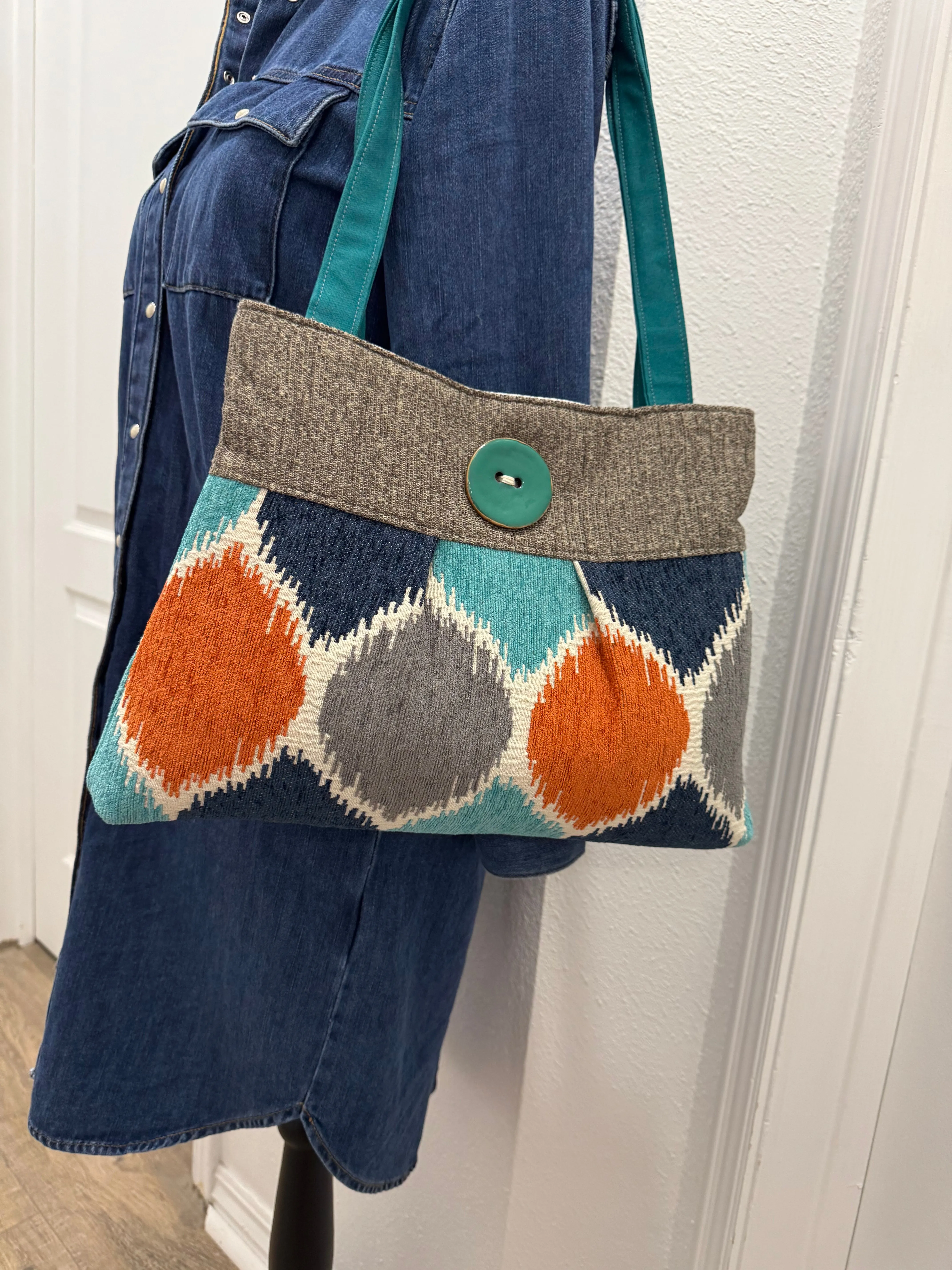 Pleated Teal and Orange Tapestry Purse Tote Handbag with Button