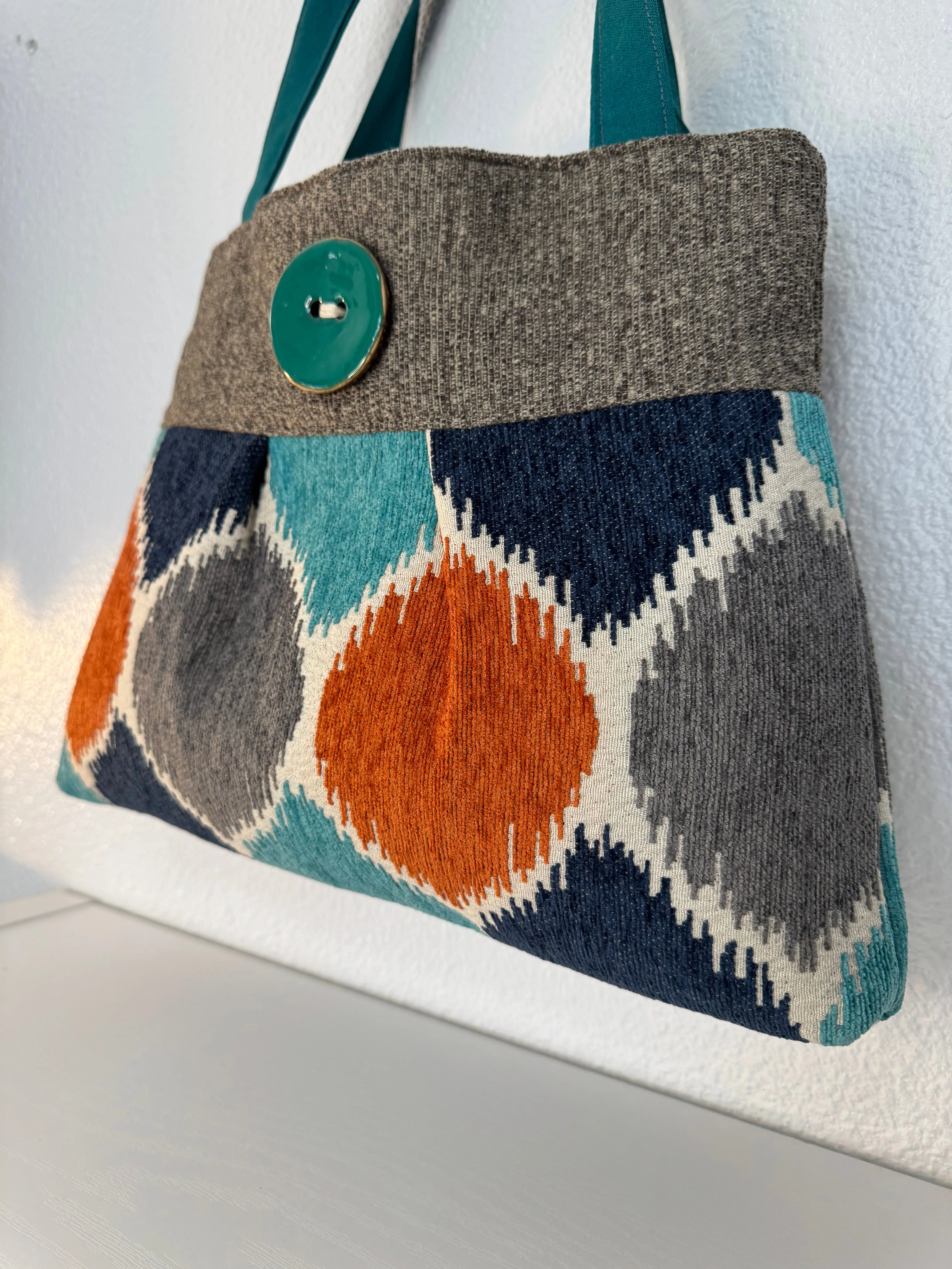 Pleated Teal and Orange Tapestry Purse Tote Handbag with Button