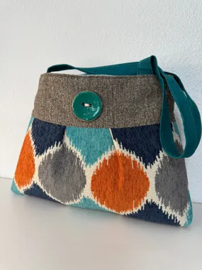 Pleated Teal and Orange Tapestry Purse Tote Handbag with Button