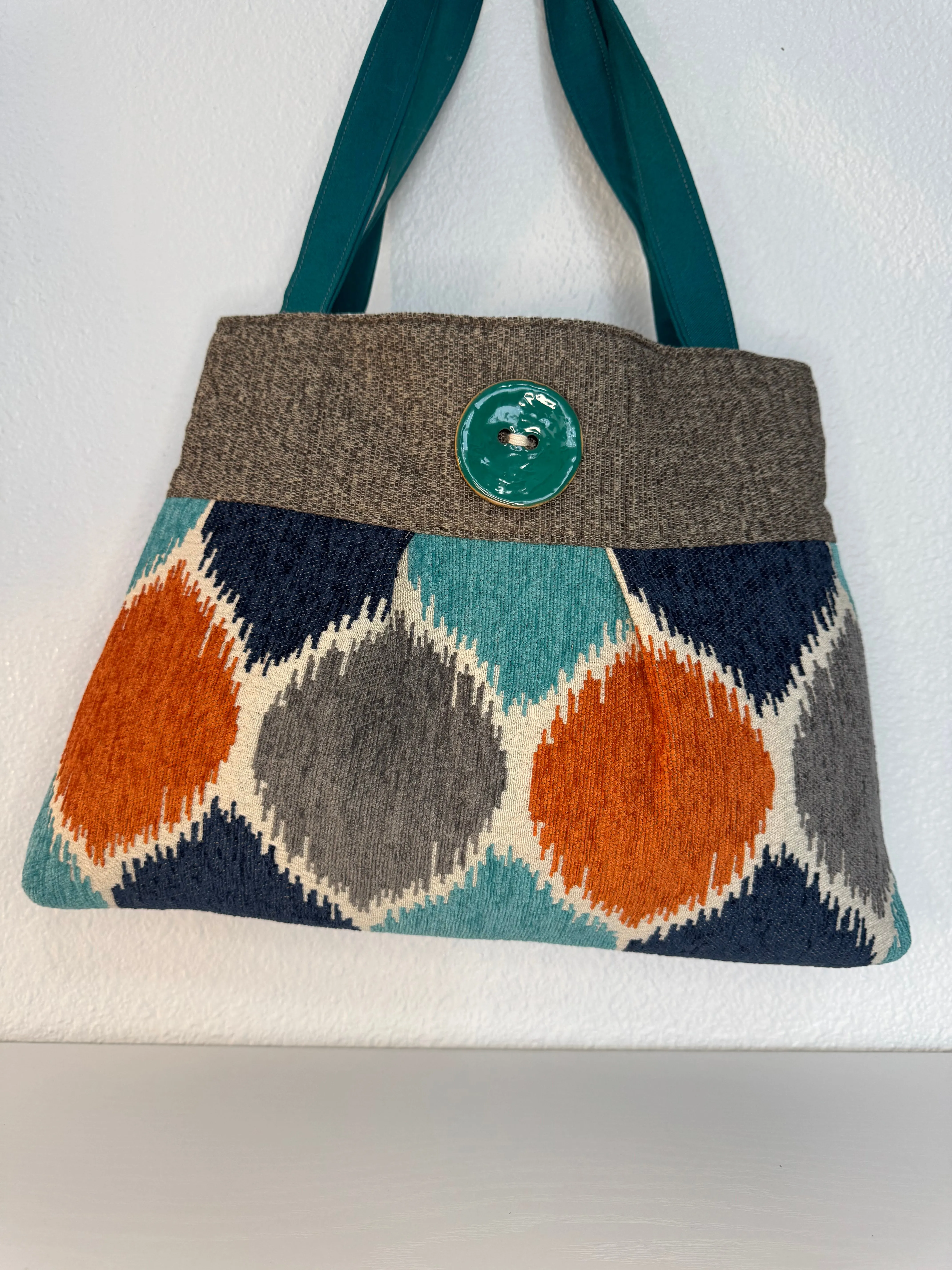 Pleated Teal and Orange Tapestry Purse Tote Handbag with Button