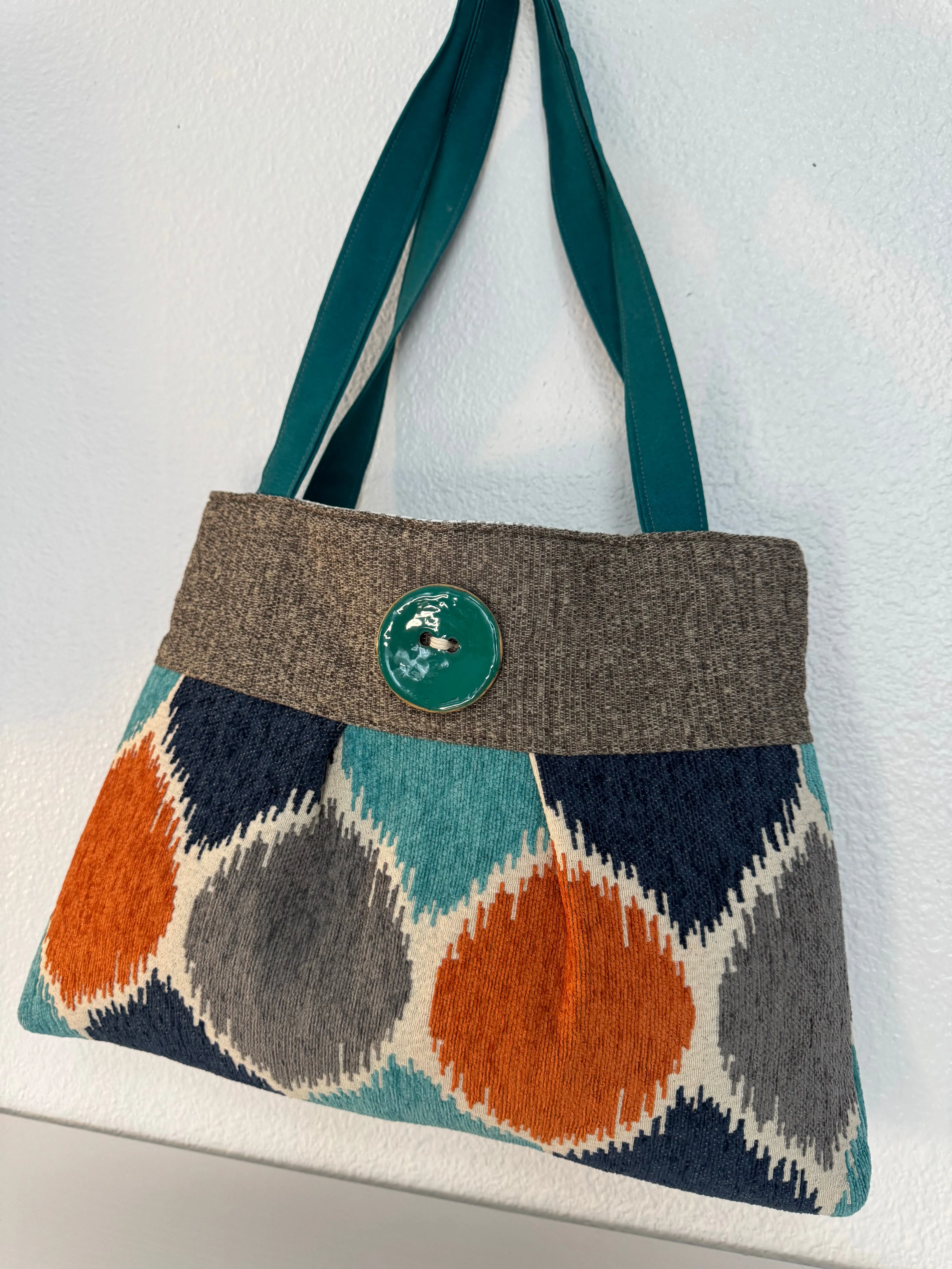 Pleated Teal and Orange Tapestry Purse Tote Handbag with Button